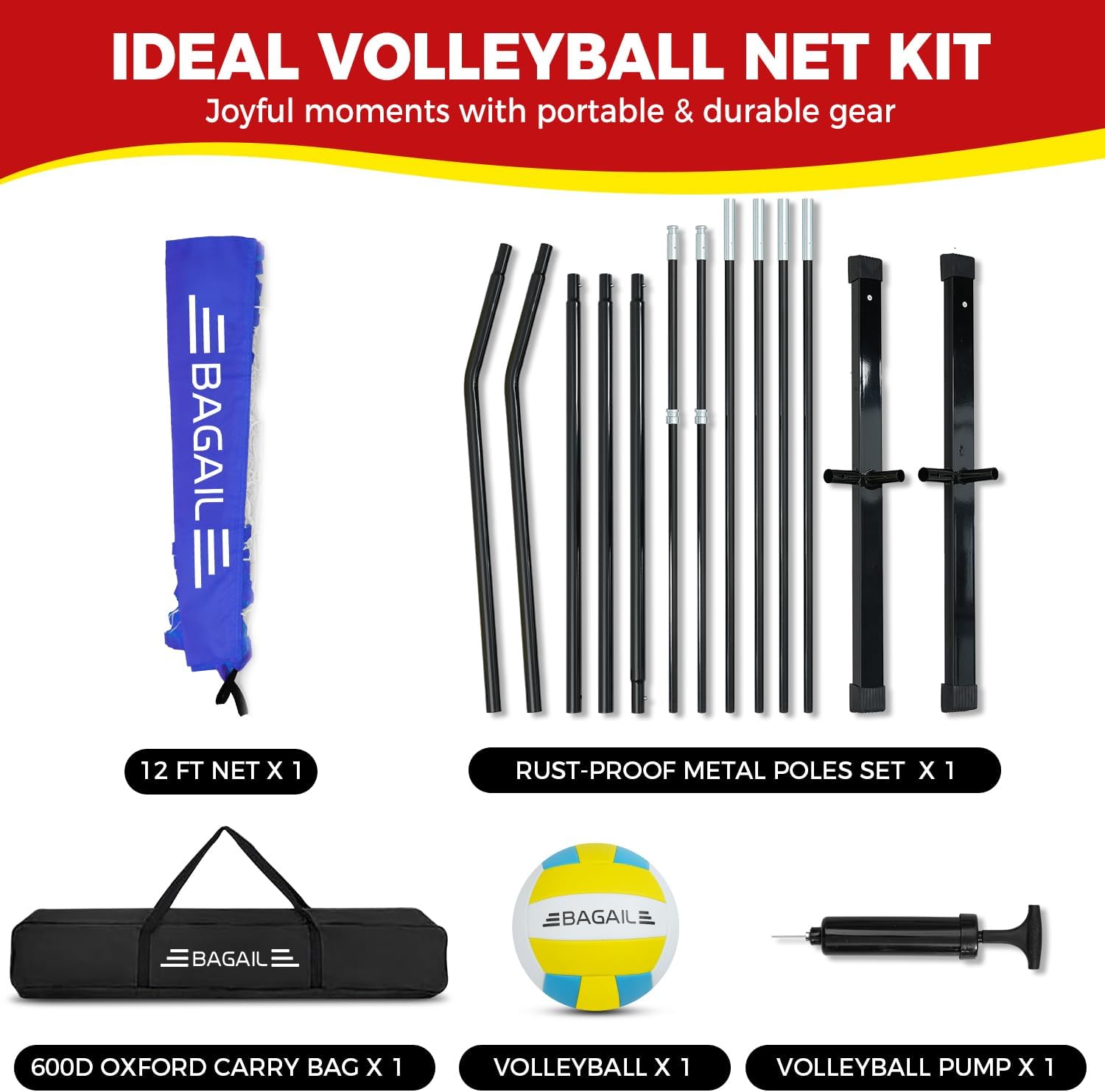 BAGAIL Volleyball Net, 12ft/20ft Portable Volleyball Net for Backyard - Adjustable Height, Heavy-Duty Frame, Freestanding Design - Portable Outdoor/Indoor Volleyball Set with Carry Bag