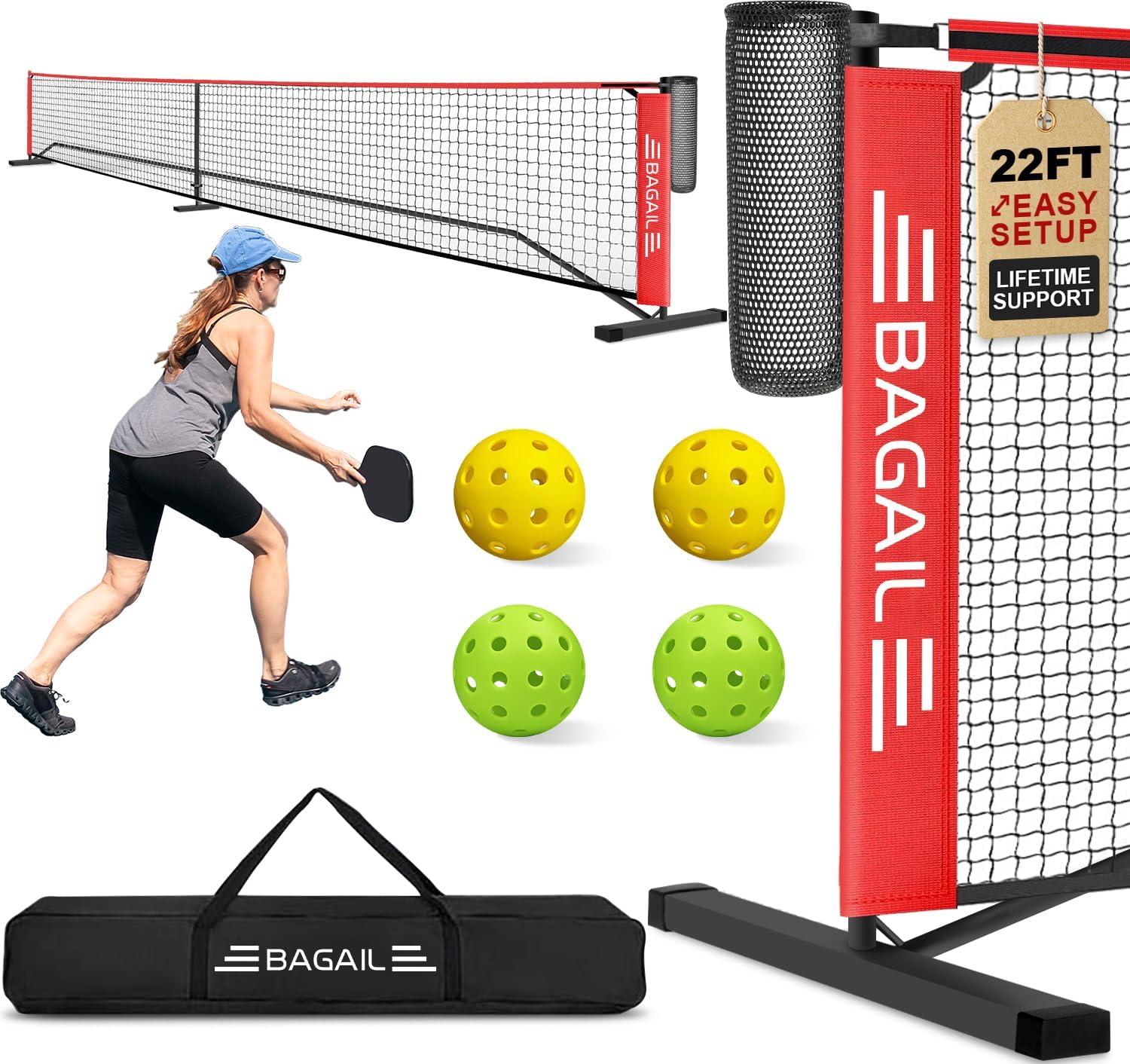 BAGAIL Portable Pickleball Net Set, 22 FT Regulation Size Pickle Ball Net with Ball Collector, 4 Balls and Carry Bag, Easy Setup for Outdoor Indoor Driveway