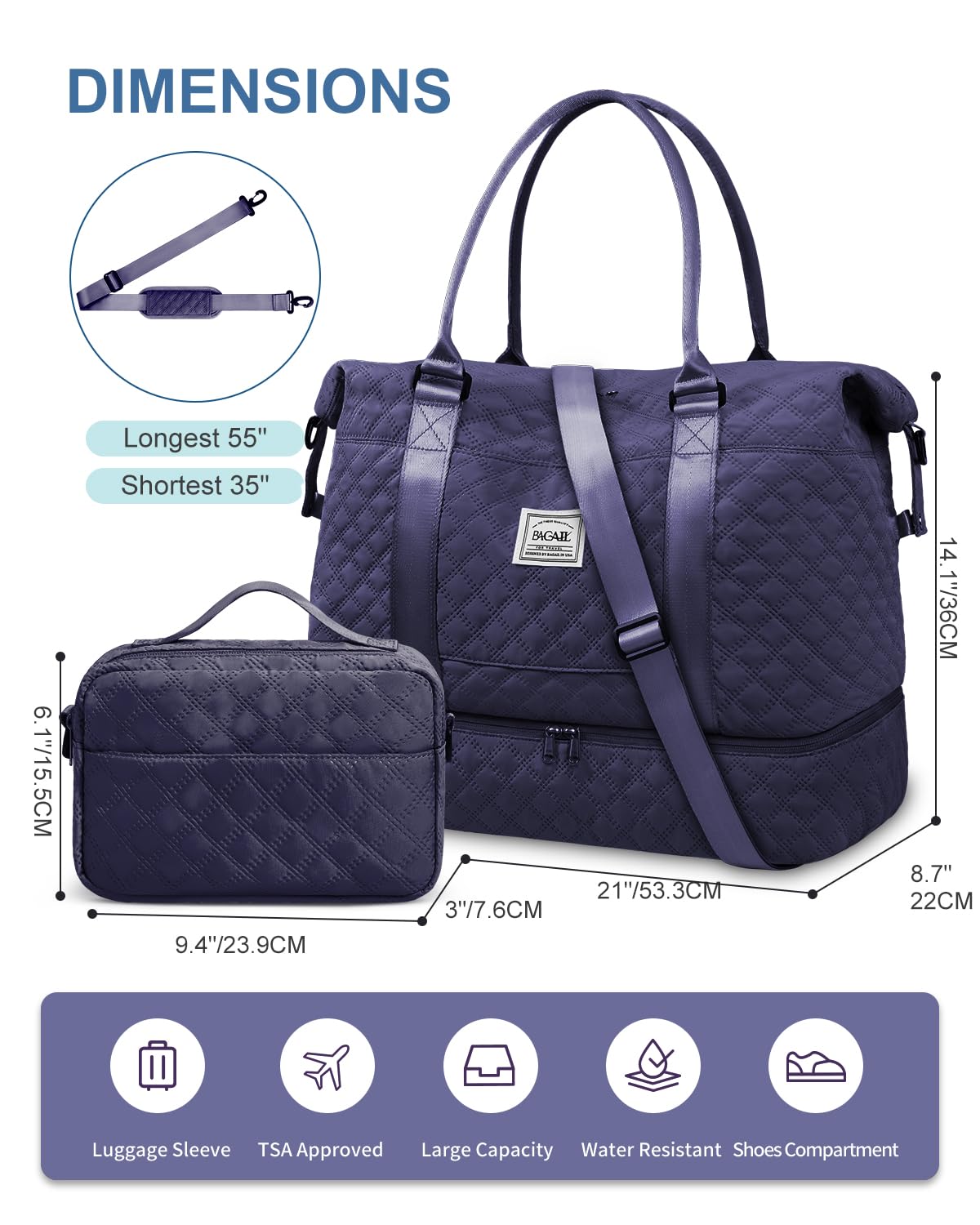 Travel Duffel Bag, Weekender Bags for Women, Overnight Gym Carry On Tote Bag with Wet Pocket,