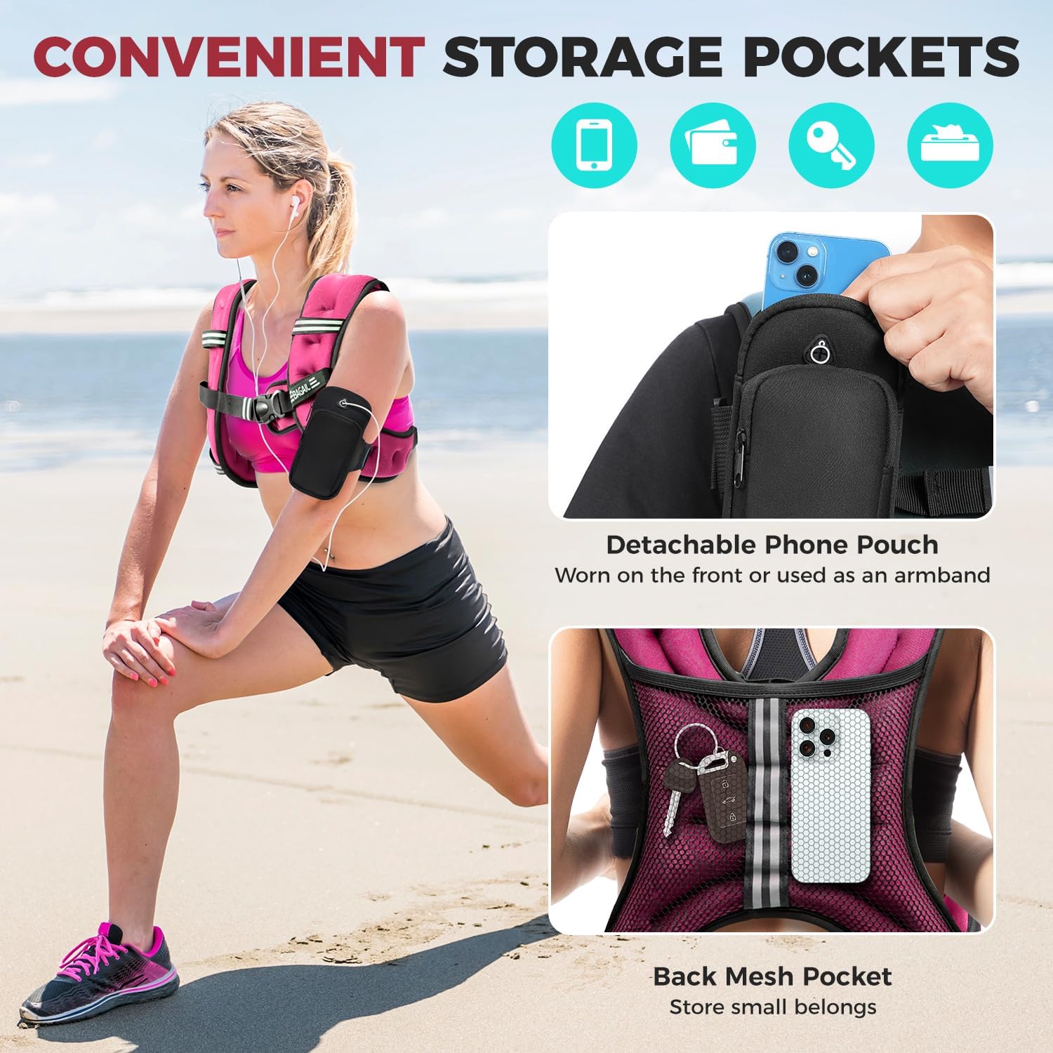 BAGAIL Comfort-Fit Weighted Vest for Woman, Even Weight Distribution, Faster Weight Loss, No-Chafe or Bounce for Walking & Running with Detachable Phone Pouch & Reflective Stripes (Available 5-30lbs)