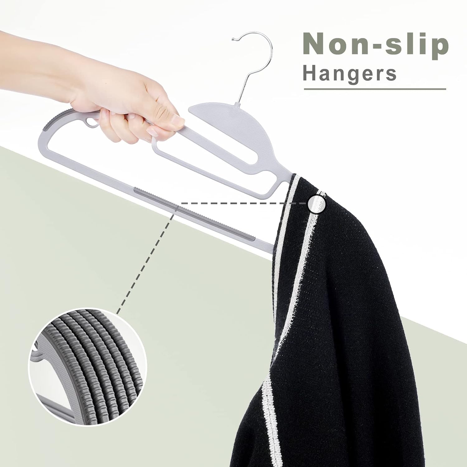 Annotated close-up of the non-slip TPR pads on the hanger shoulders and bottom bar