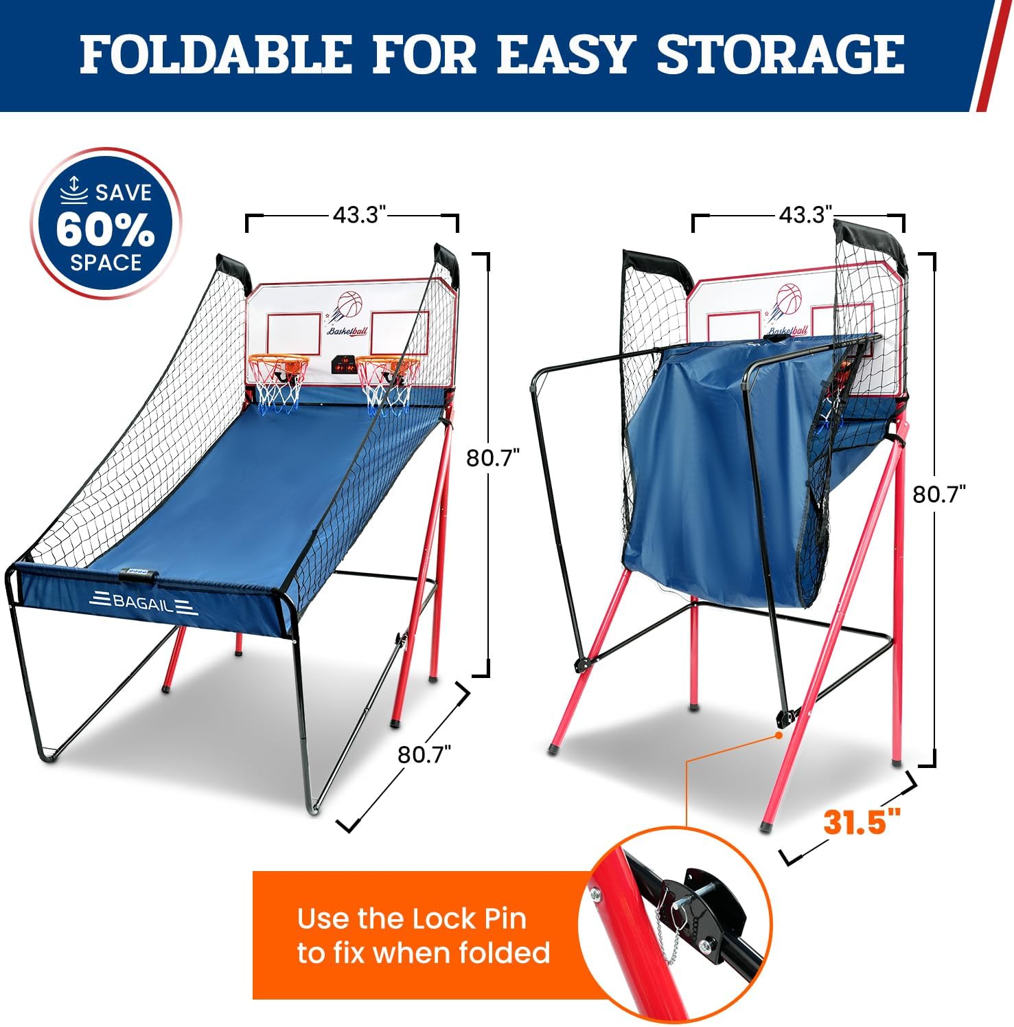 Basketball Shooting Game with 8 Game Modes, Arcade Sounds, Foldable Frame, 4 Balls, Inflation Pump, Ideal Indoor Sport Games for All Players