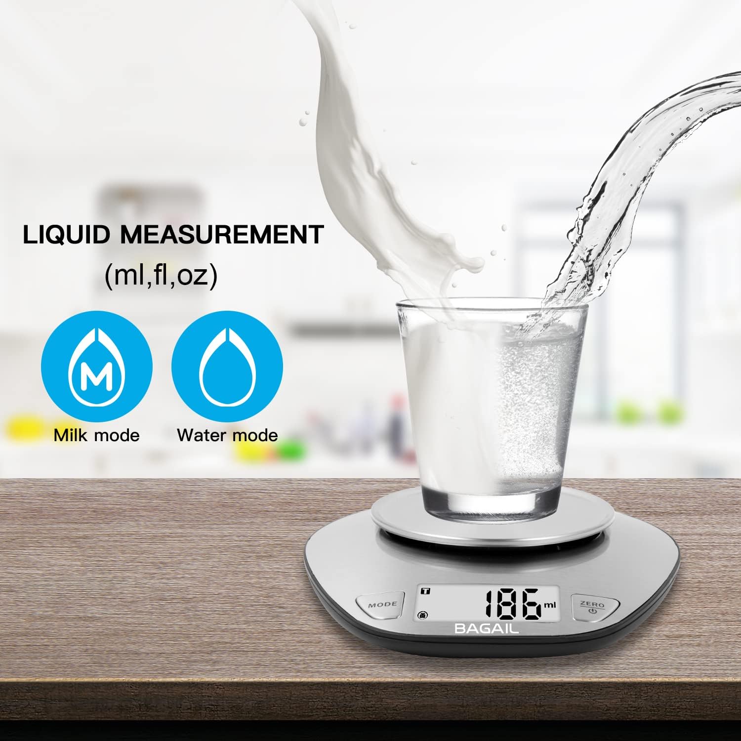 BAGAIL BASICS Digital Kitchen Scale, Large Clear Display, Wet and Dry Food Scale with Stainless Steel Mixing Bowl - 11 lb