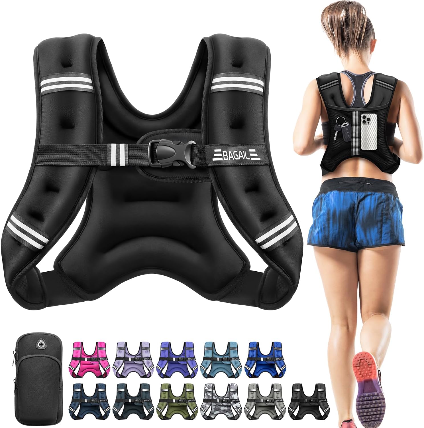 BAGAIL Comfort-Fit Weighted Vest for Woman, Even Weight Distribution, Faster Weight Loss, No-Chafe or Bounce for Walking & Running with Detachable Phone Pouch & Reflective Stripes (Available 5-30lbs)