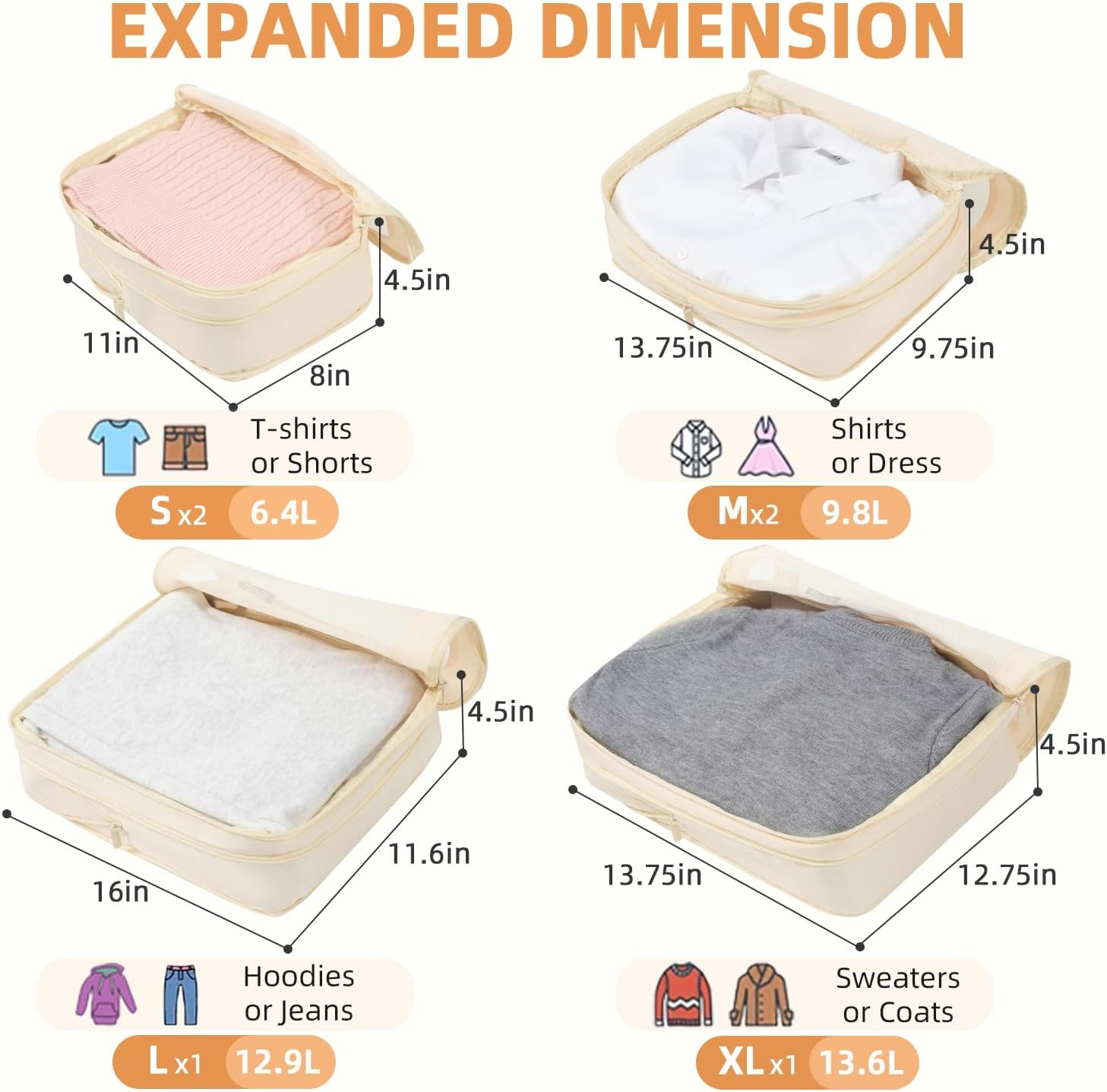 Square Mesh 6 Set Compression Packing Cubes Travel Accessories Expandable Packing Organizers 