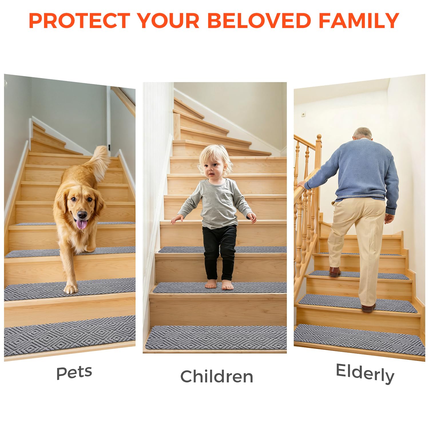 BAGAIL 15 Pack Non-Slip Stair Treads for Wooden Steps - 8"x30" Peel and Stick Carpet Stair Runners, Reusable Indoor Step Covers for Dogs, Kids & Elderly, No-Residue Adhesive, Light Gray