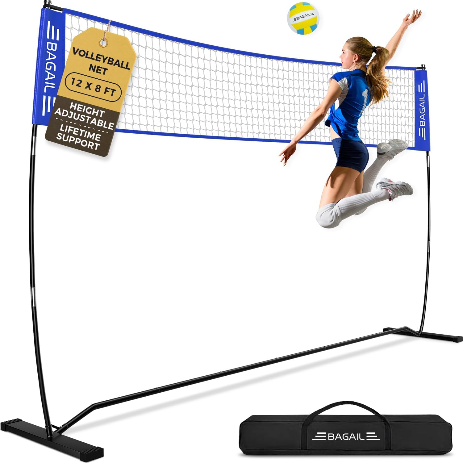 BAGAIL Volleyball Net, 12ft/20ft Portable Volleyball Net for Backyard - Adjustable Height, Heavy-Duty Frame, Freestanding Design - Portable Outdoor/Indoor Volleyball Set with Carry Bag
