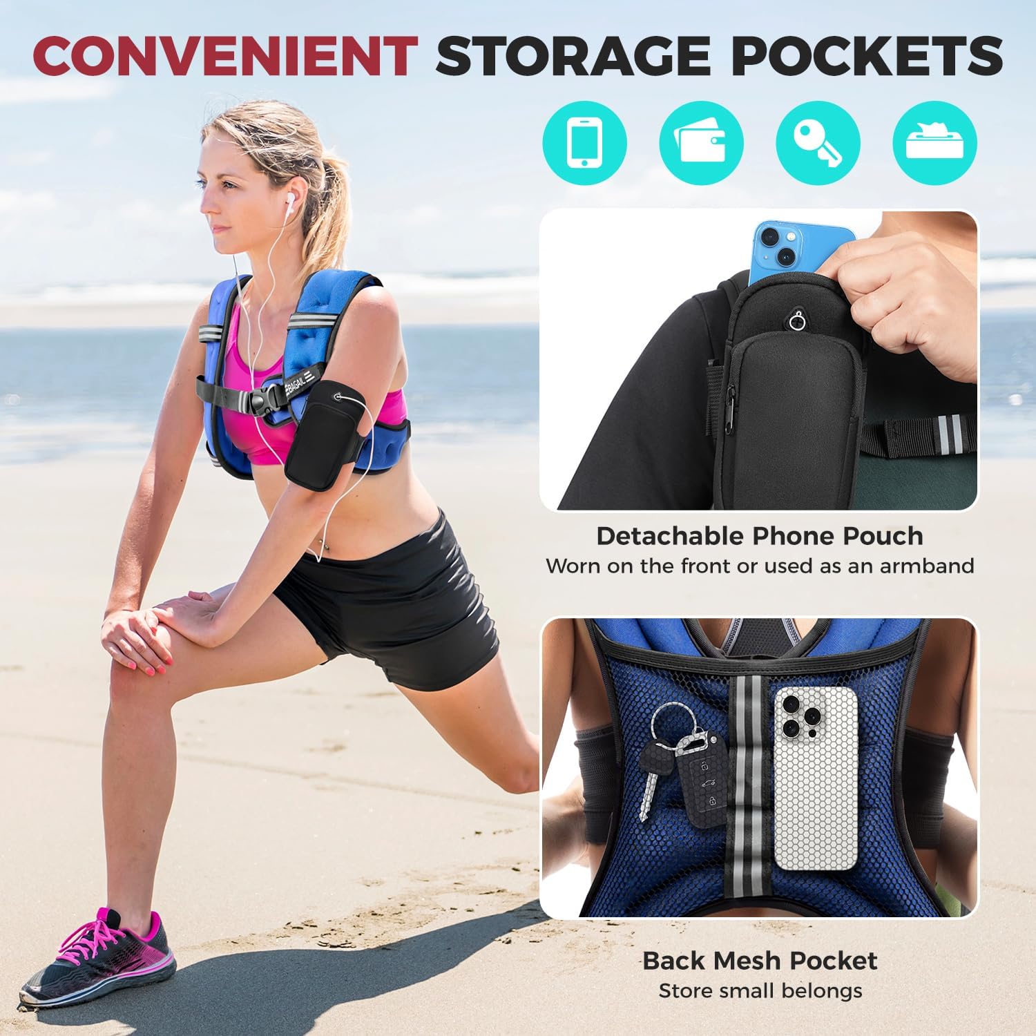 BAGAIL Comfort-Fit Weighted Vest for Woman, Even Weight Distribution, Faster Weight Loss, No-Chafe or Bounce for Walking & Running with Detachable Phone Pouch & Reflective Stripes (Available 5-30lbs)