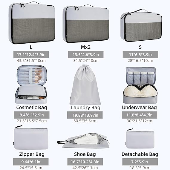 Half Mesh 8 Set Packing Cubes Luggage Packing Organizers for Travel Accessories