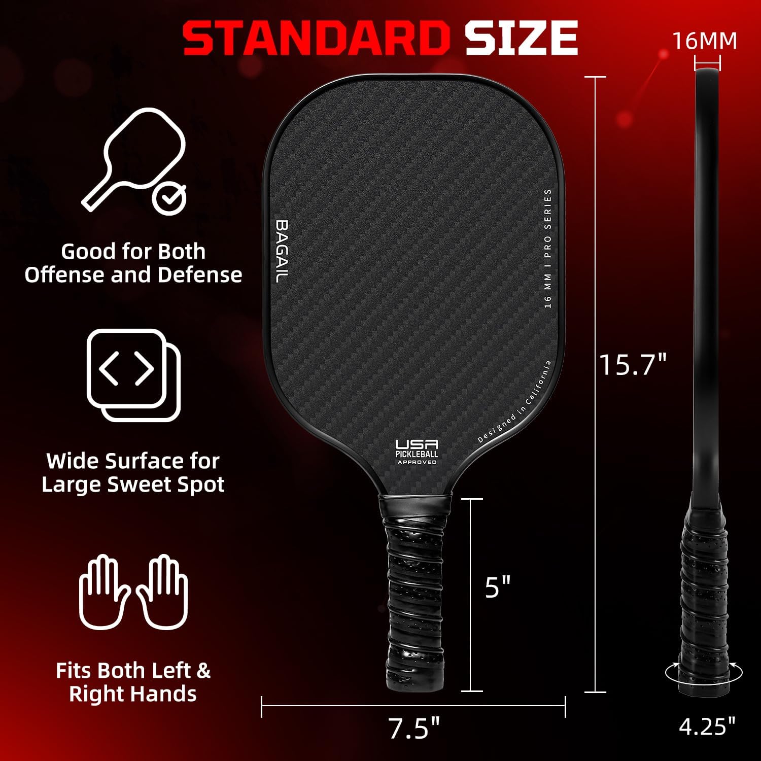 BAGAIL Pickleball Paddles, USAPA Approved Fiberglass Surface Pickleball Set, Lightweight Pickle Ball Rackets with 4 Balls, 1 Bag, Designed in California for Traction and Stability