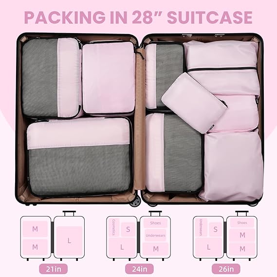 Half Mesh 8 Set Packing Cubes Luggage Packing Organizers for Travel Accessories