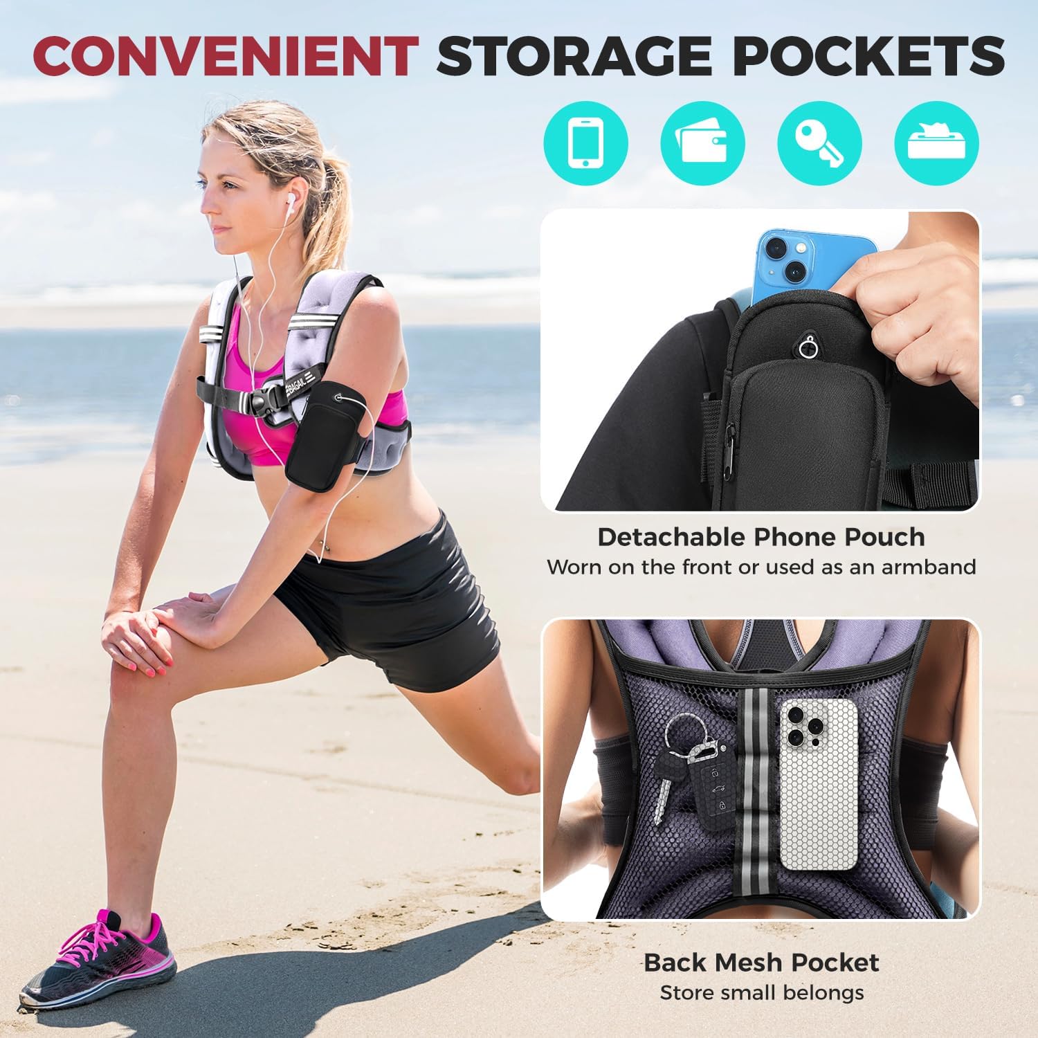 BAGAIL Comfort-Fit Weighted Vest for Woman, Even Weight Distribution, Faster Weight Loss, No-Chafe or Bounce for Walking & Running with Detachable Phone Pouch & Reflective Stripes (Available 5-30lbs)