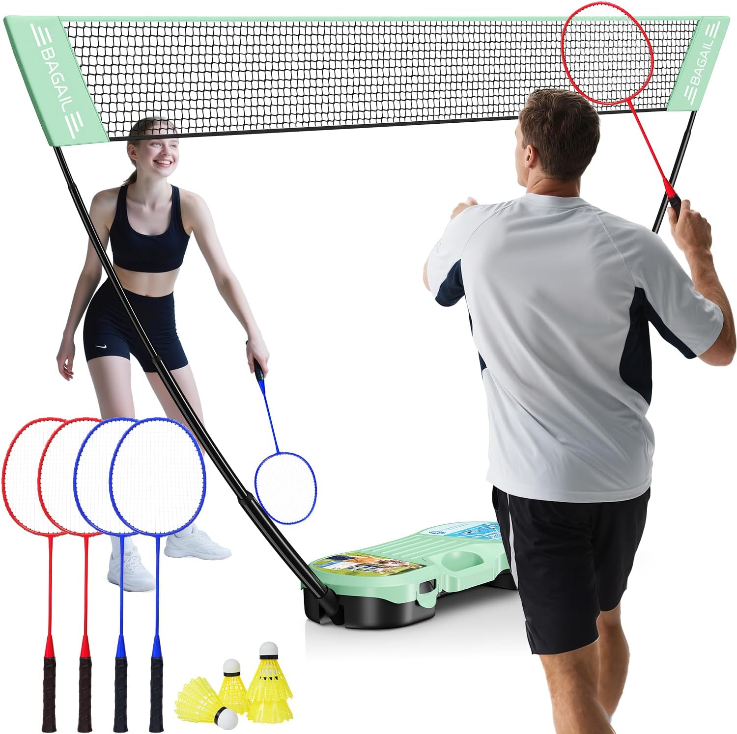 BAGAIL Portable Badminton Net Set, Pop-Up Net with Carry Case, Complete 4 Racket Set for Backyard, Park & Beach Games, Quick Setup Indoor Outdoor Sports Equipment for Backyard Fun