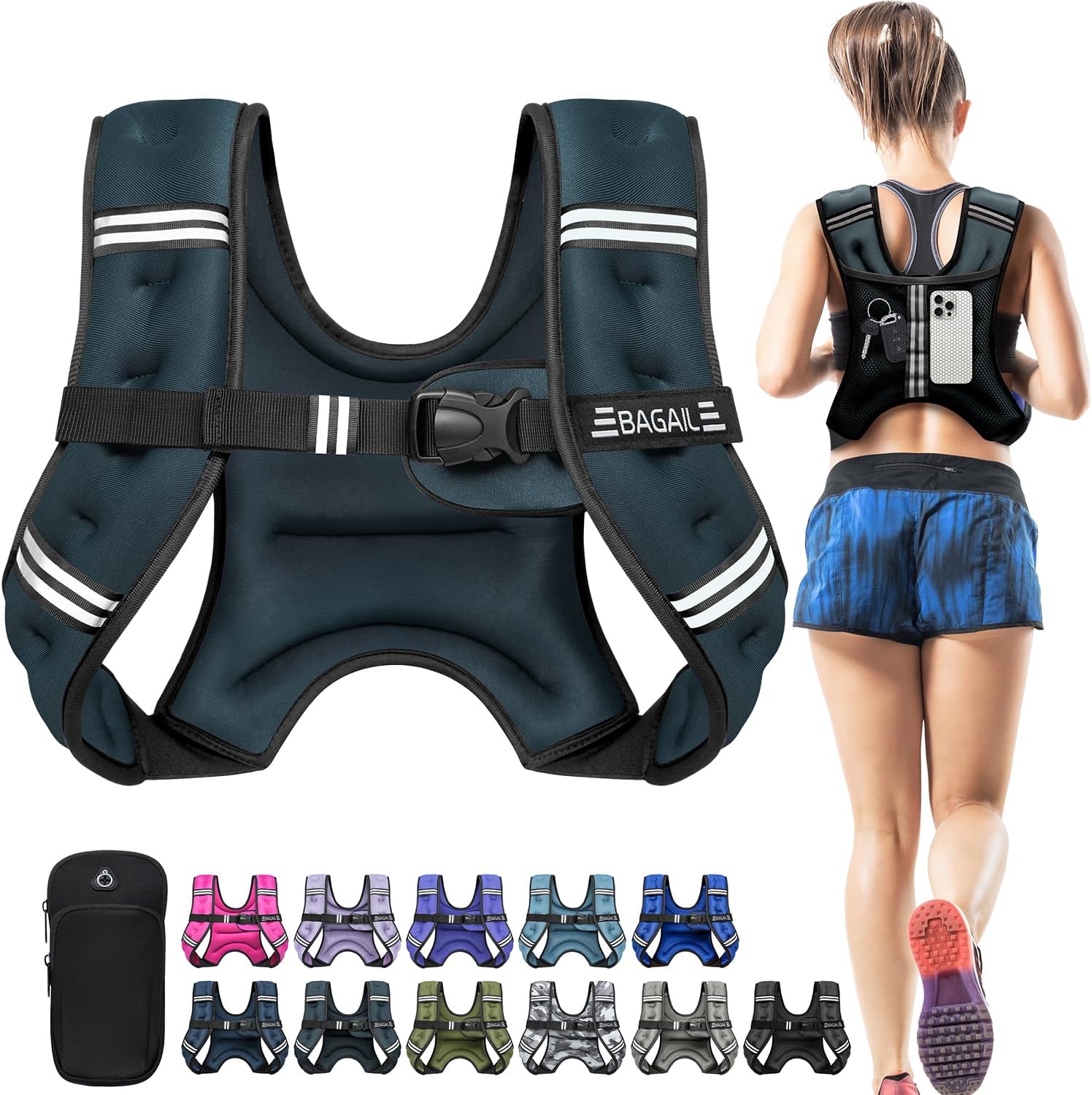 BAGAIL Comfort-Fit Weighted Vest for Woman, Even Weight Distribution, Faster Weight Loss, No-Chafe or Bounce for Walking & Running with Detachable Phone Pouch & Reflective Stripes (Available 5-30lbs)