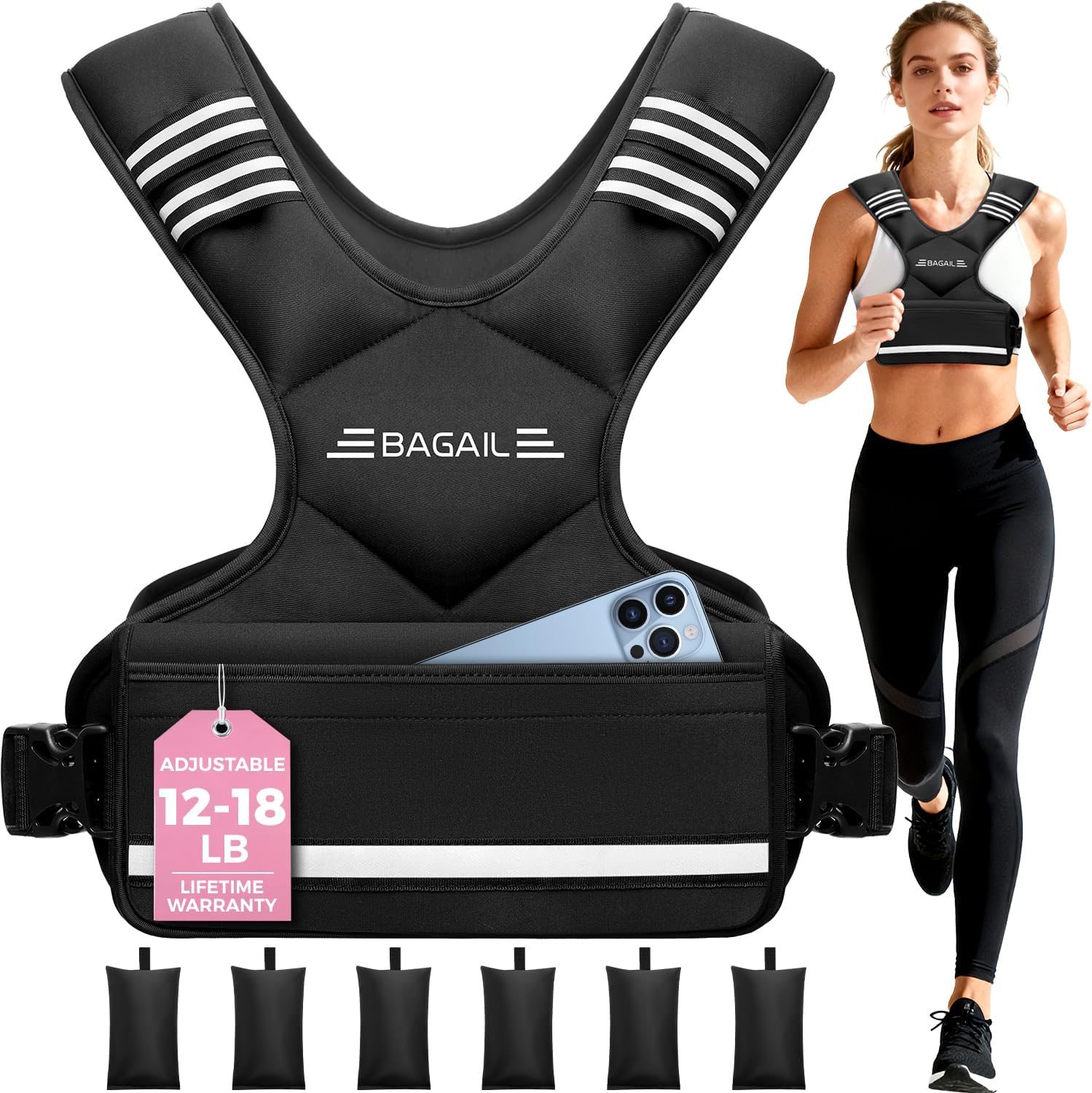 BAGAIL Adjustable Weighted Vest 4-10lb/12-18lb/20-32lb, Comfortable X-Shape & U-Neck Weight Vest for Women and Men Walking with 6 Removable Weights, Large Pocket and Reflective Strips