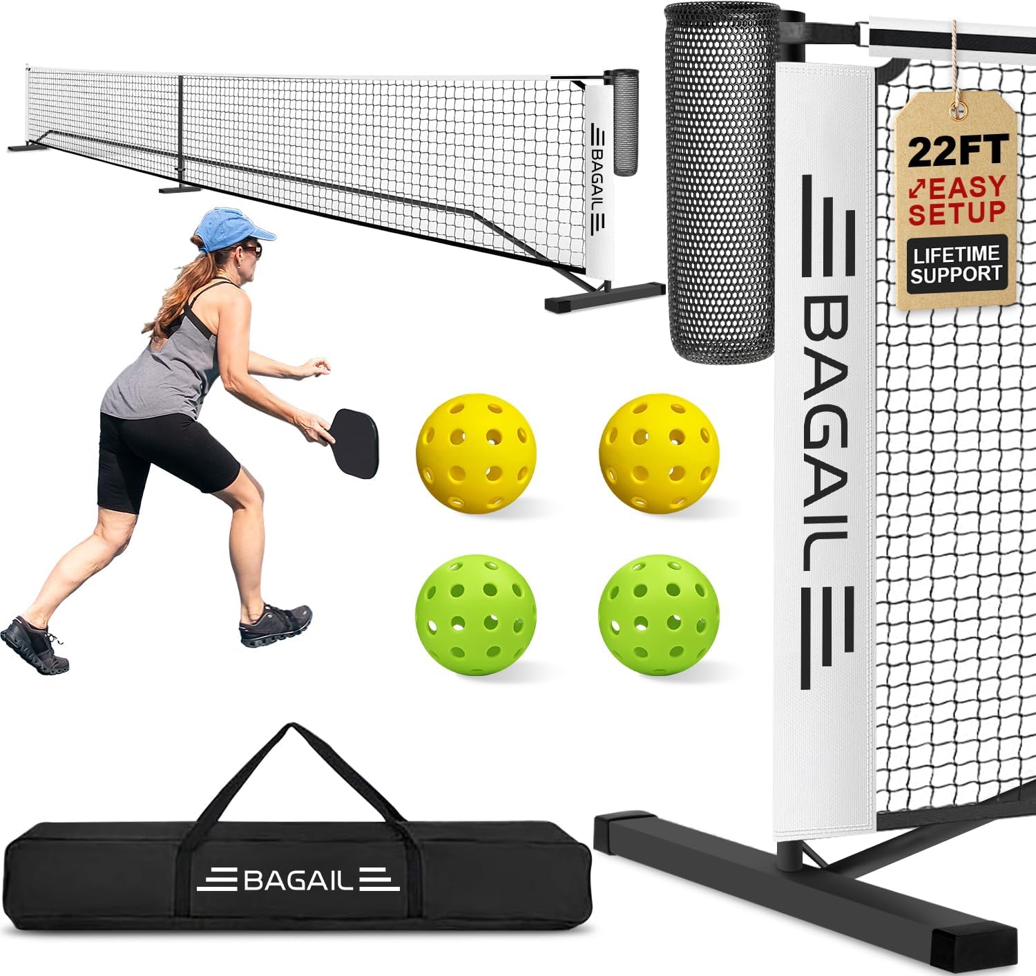 BAGAIL Portable Pickleball Net Set, 22 FT Regulation Size Pickle Ball Net with Ball Collector, 4 Balls and Carry Bag, Easy Setup for Outdoor Indoor Driveway