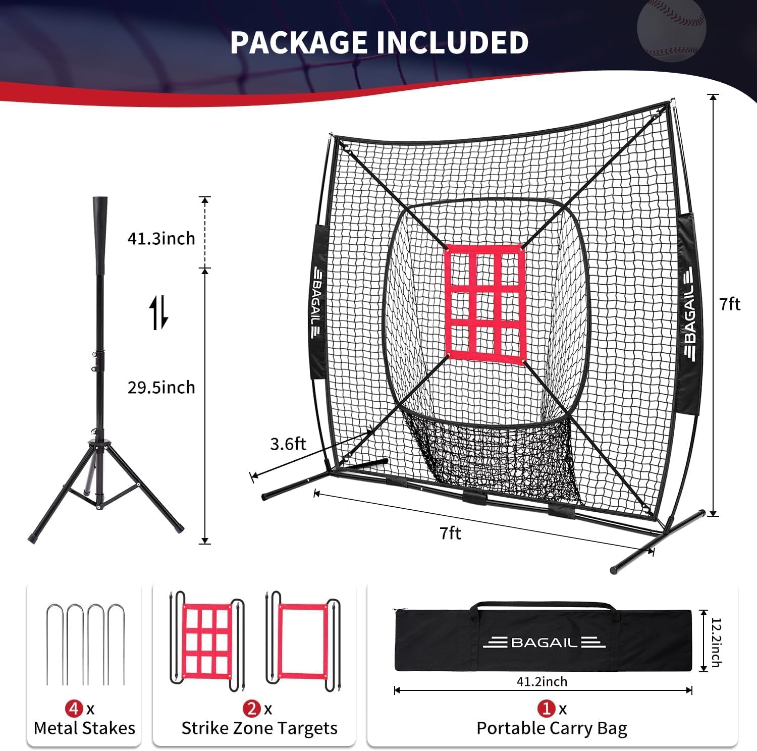 BAGAIL 7x7 ft Extra Large Baseball & Softball Training Net with Batting Tee, Heavy Duty Reinforced Steel Frame, Oversized Hitting Zone for All Levels, Portable Backstop with Carry Bag