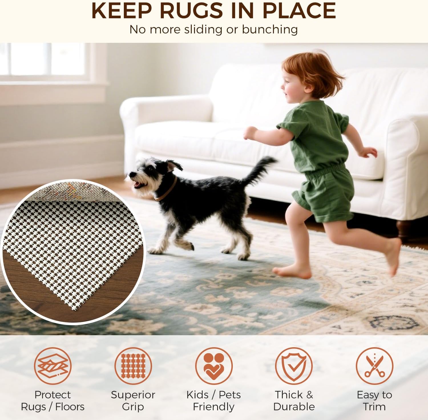 BAGAIL BASICS Rug Pad Gripper for Hardwood Floors, Non Slip Rug Pads for Area Rugs, Extra Thick Under Rug Padding, Protect Your Rugs & Floors