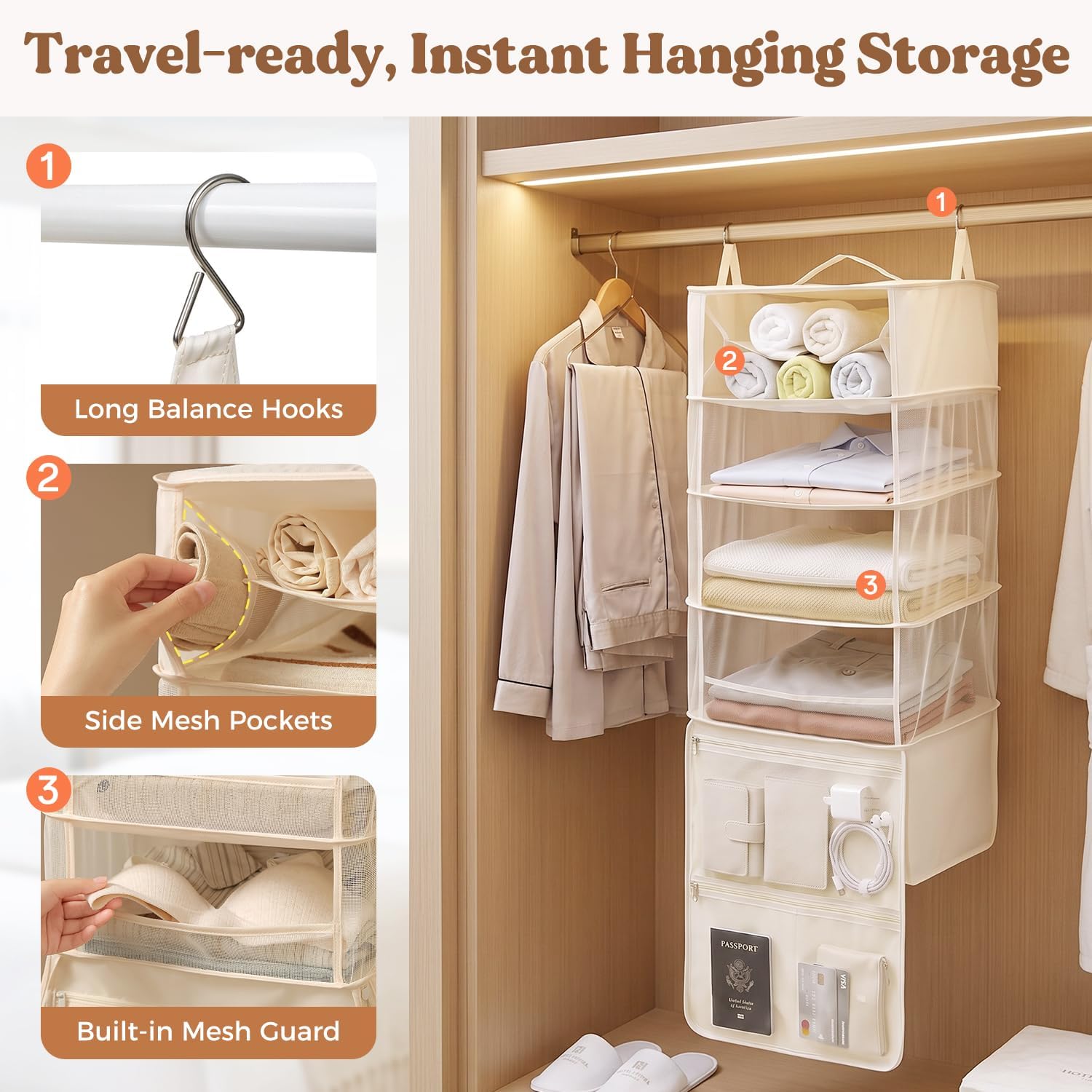 BAGAIL Portable Hanging Travel Closet Shelves, Packing Organizer for Luggage, Foldable Storage Bags for Closet, Dorm & RV
