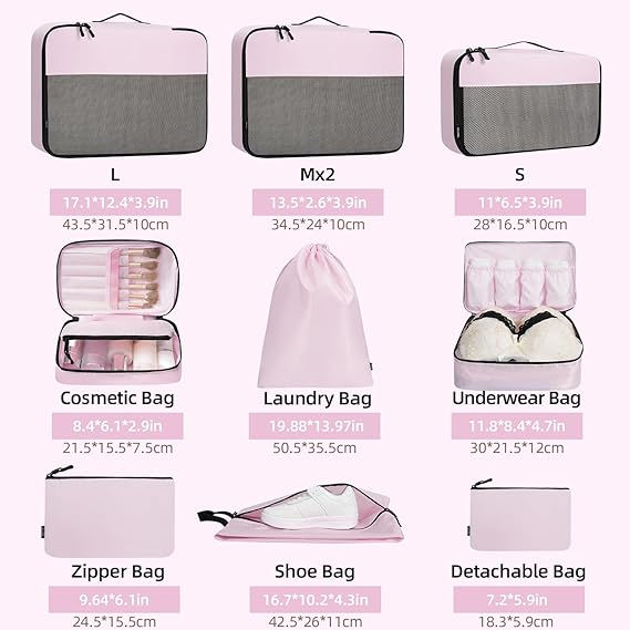 Half Mesh 8 Set Packing Cubes Luggage Packing Organizers for Travel Accessories