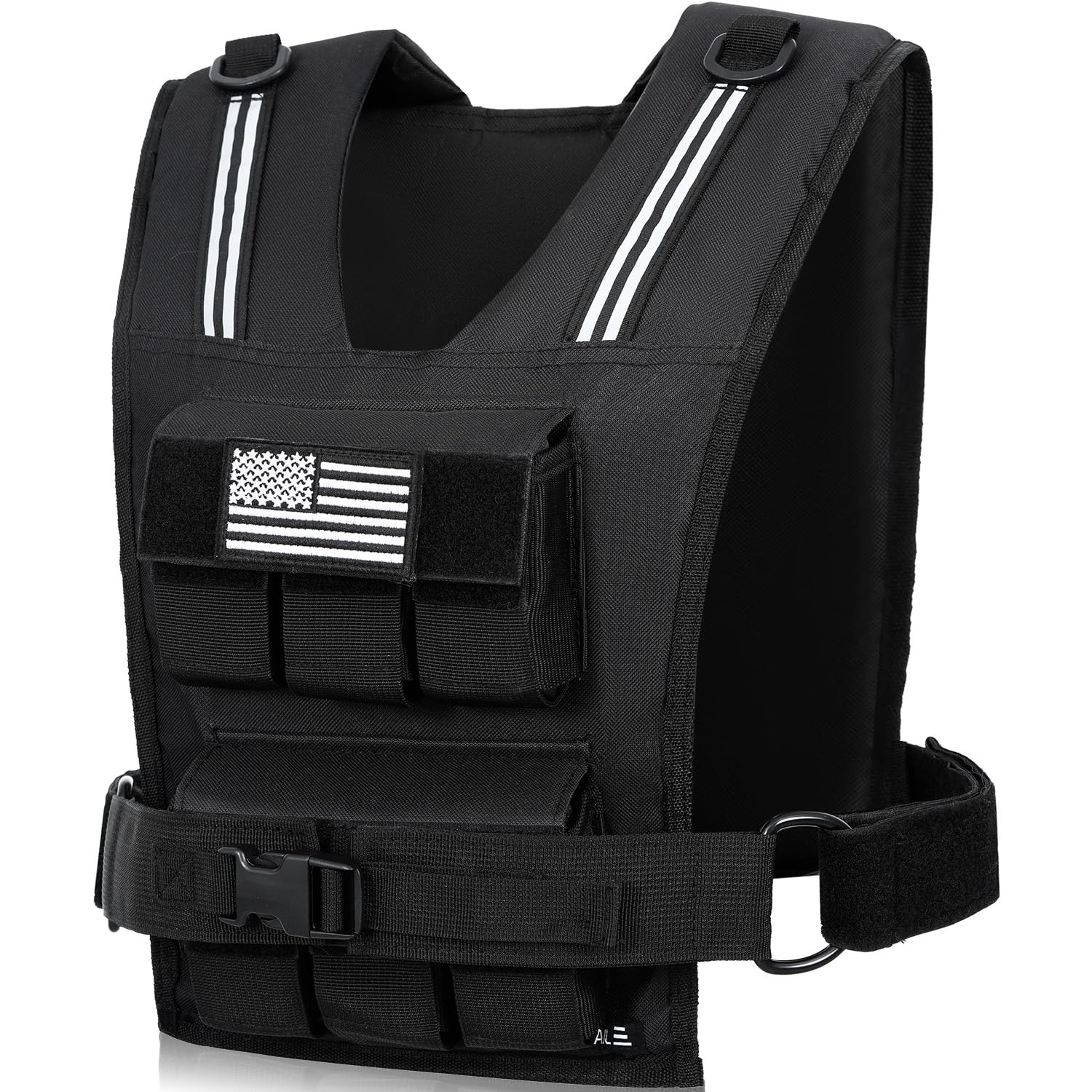 BAGAIL black adjustable weighted vest with removable iron weight pockets, reflective shoulder straps and quick-release waist buckle on a white background