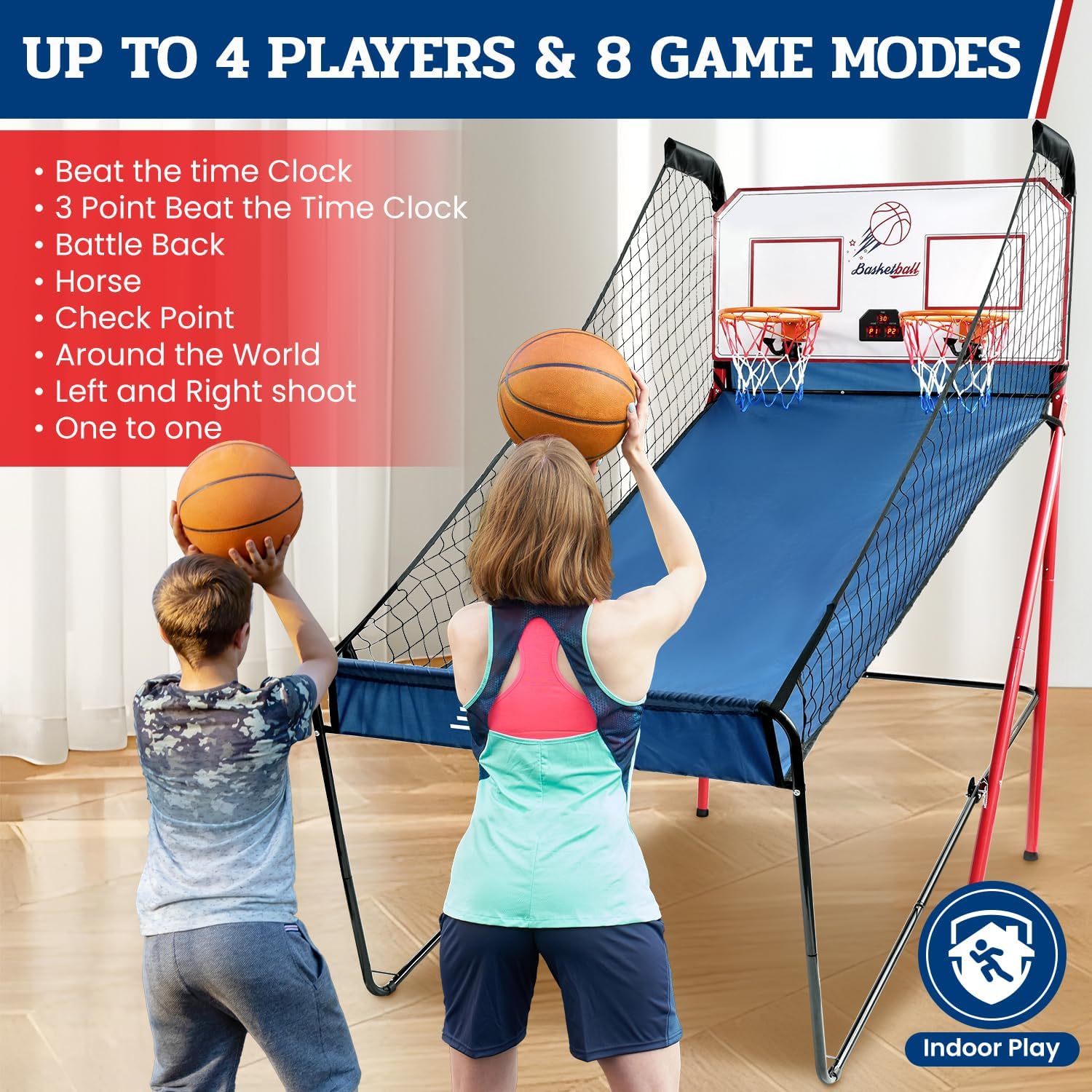 Basketball Shooting Game with 8 Game Modes, Arcade Sounds, Foldable Frame, 4 Balls, Inflation Pump, Ideal Indoor Sport Games for All Players