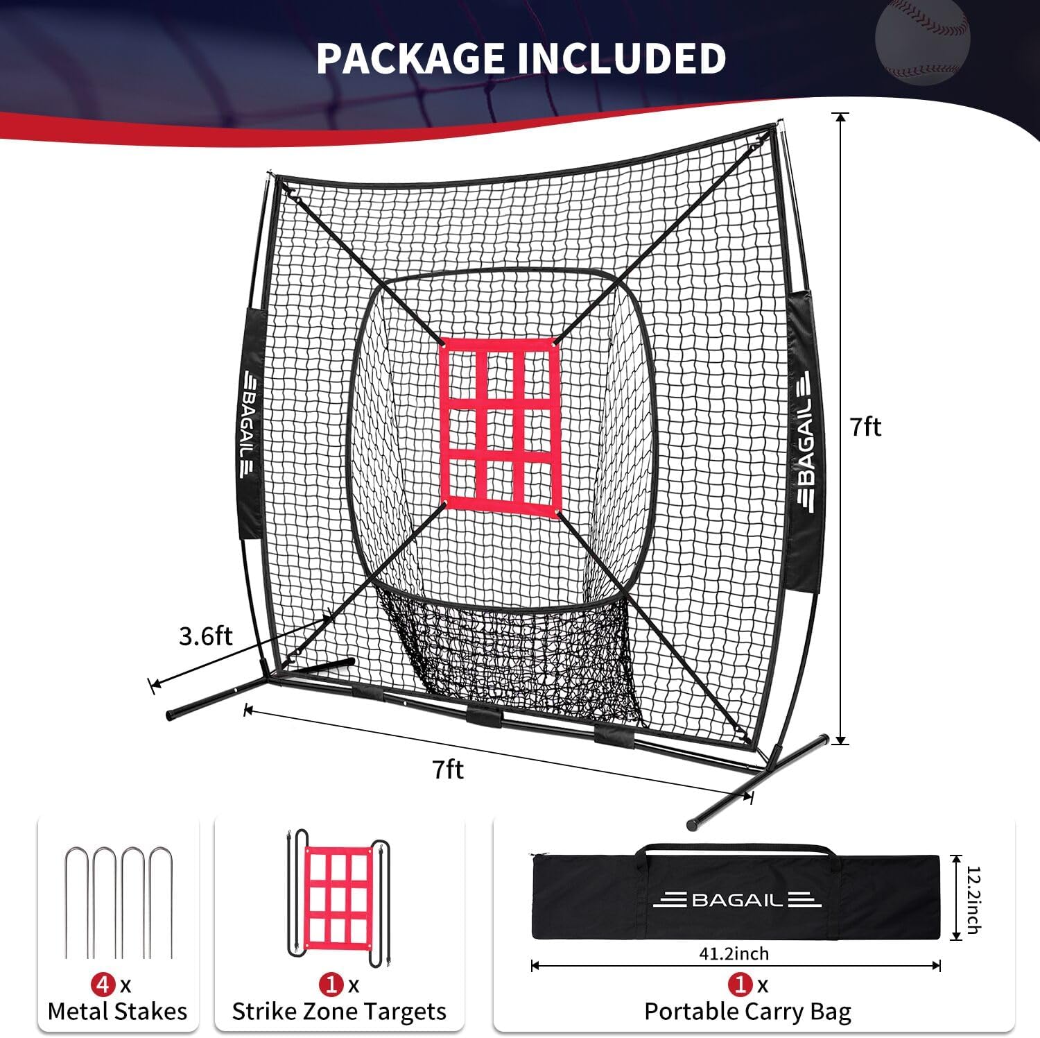 BAGAIL 7x7 ft Baseball & Softball Practice Net with Bow Frame for Batting, Hitting, Pitching, Portable Baseball Throwing Net with Strike Zone, Carry Bag, Baseball Training Aid for All Levels