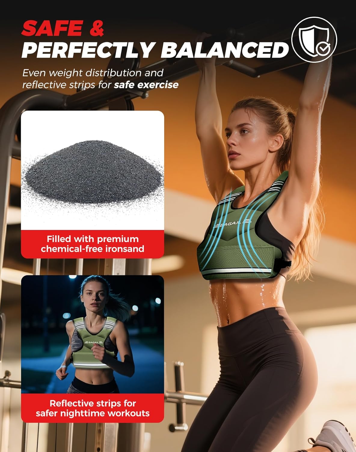 BAGAIL Adjustable Weighted Vest 4-10lb/12-18lb/20-32lb, Comfortable X-Shape & U-Neck Weight Vest for Women and Men Walking with 6 Removable Weights, Large Pocket and Reflective Strips