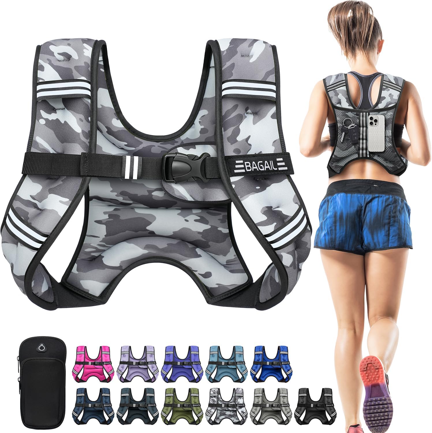 BAGAIL Comfort-Fit Weighted Vest for Woman, Even Weight Distribution, Faster Weight Loss, No-Chafe or Bounce for Walking & Running with Detachable Phone Pouch & Reflective Stripes (Available 5-30lbs)