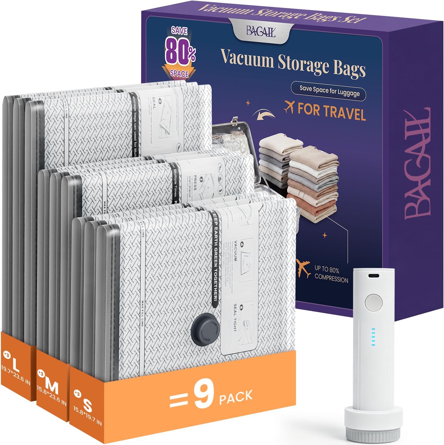 BAGAIL Vacuum Bags for Travel with Rechargeable Pump, Vacuum Storage Bags for Clothes 