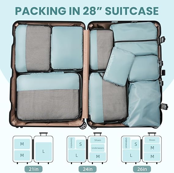 Half Mesh 8 Set Packing Cubes Luggage Packing Organizers for Travel Accessories