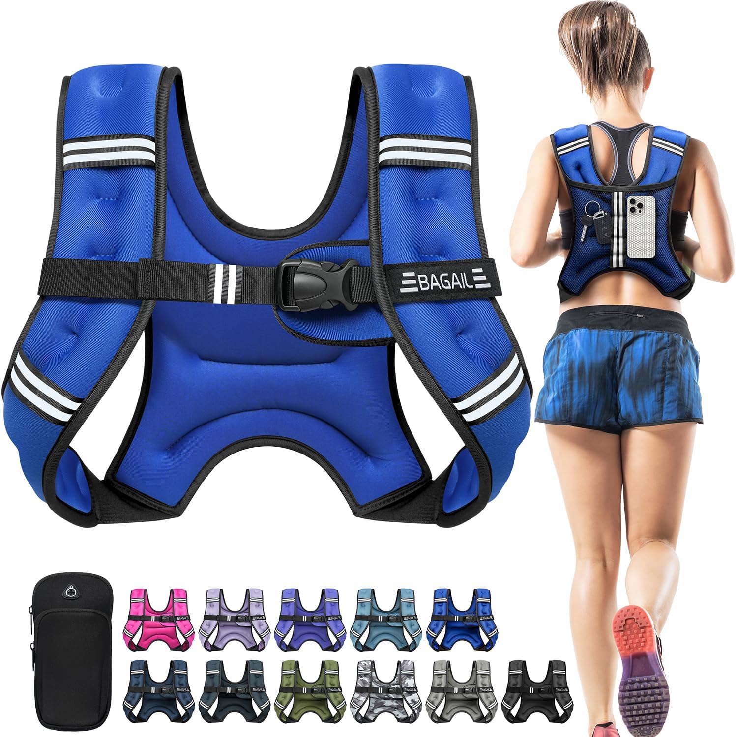 BAGAIL Comfort-Fit Weighted Vest for Woman, Even Weight Distribution, Faster Weight Loss, No-Chafe or Bounce for Walking & Running with Detachable Phone Pouch & Reflective Stripes (Available 5-30lbs)