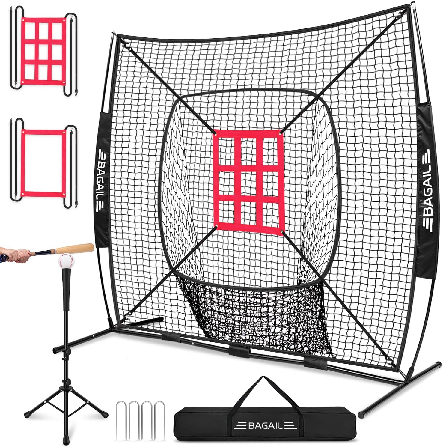 BAGAIL 7x7 ft Extra Large Baseball & Softball Training Net with Batting Tee, Heavy Duty Reinforced Steel Frame, Oversized Hitting Zone for All Levels, Portable Backstop with Carry Bag