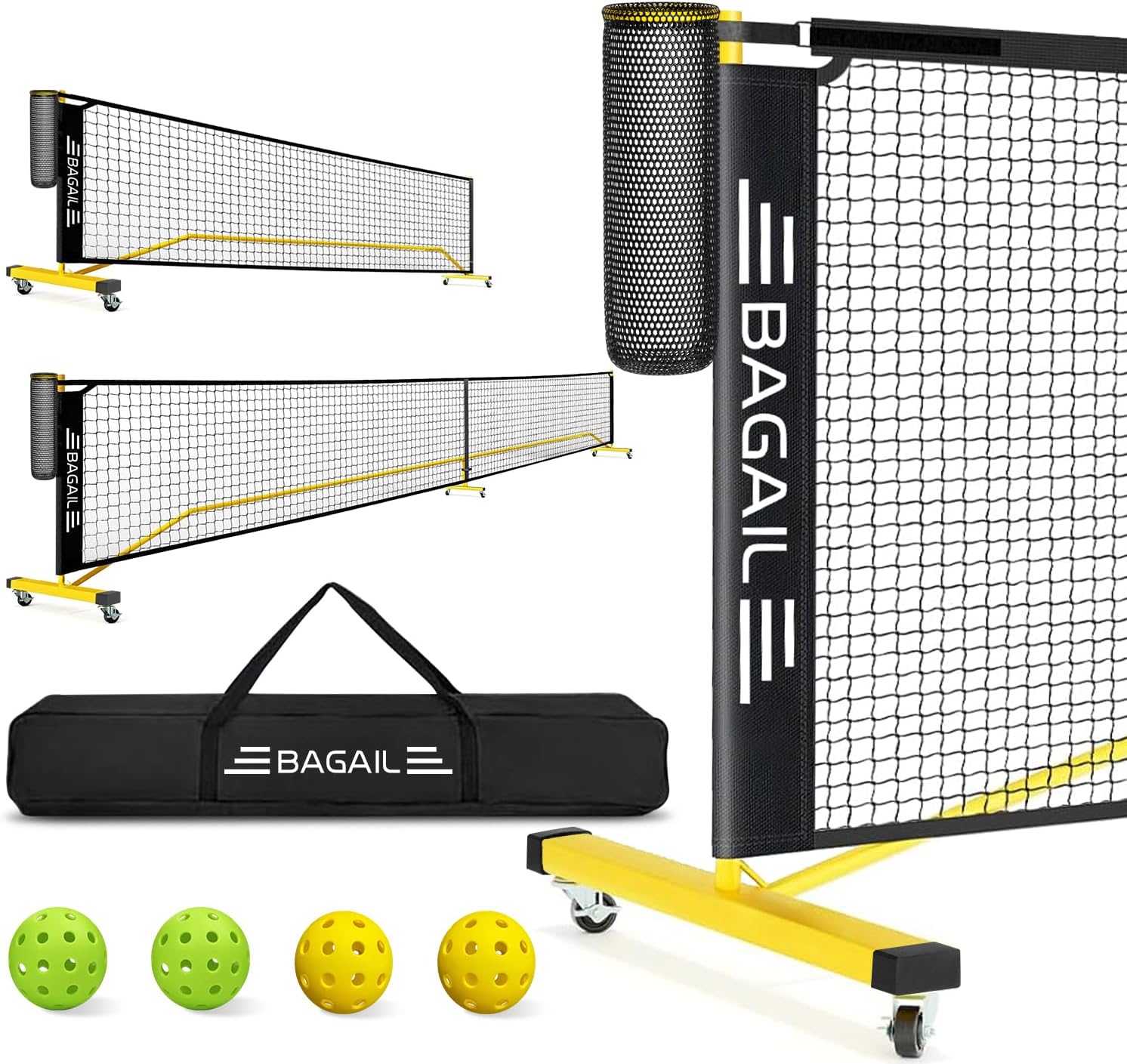 BAGAIL Portable Pickleball Net Set, 22 FT Regulation Size Pickle Ball Net with Ball Collector, 4 Balls and Carry Bag, Easy Setup for Outdoor Indoor Driveway