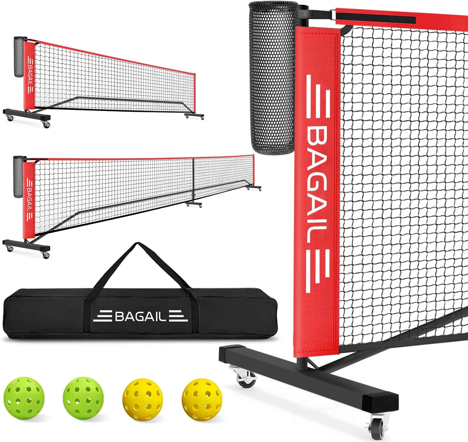 BAGAIL Portable Pickleball Net Set, 22 FT Regulation Size Pickle Ball Net with Ball Collector, 4 Balls and Carry Bag, Easy Setup for Outdoor Indoor Driveway