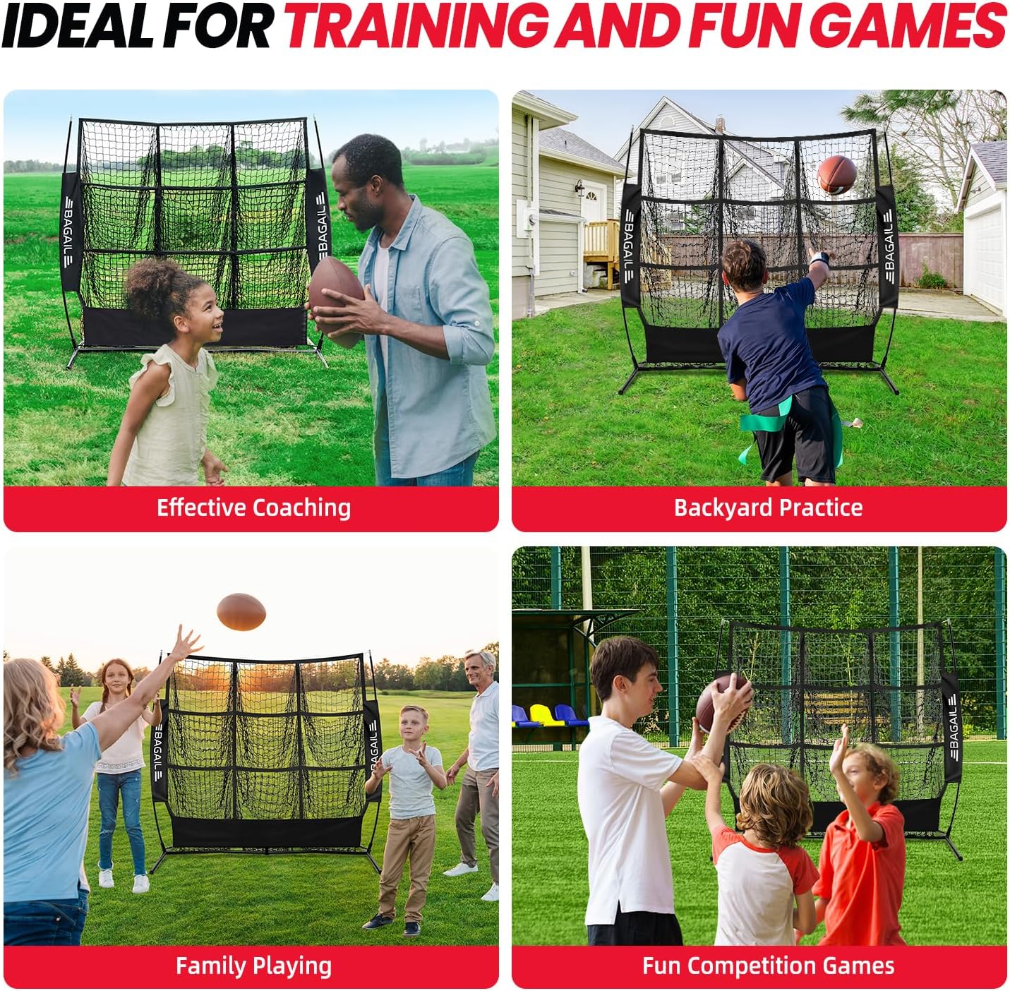 BAGAIL Football Throwing Net - 5 or 9 Target Pockets, Easy Setup, Heavy-Duty - Portable QB Accuracy Trainer, Fun Target Practice Net for Football with Carry Bag