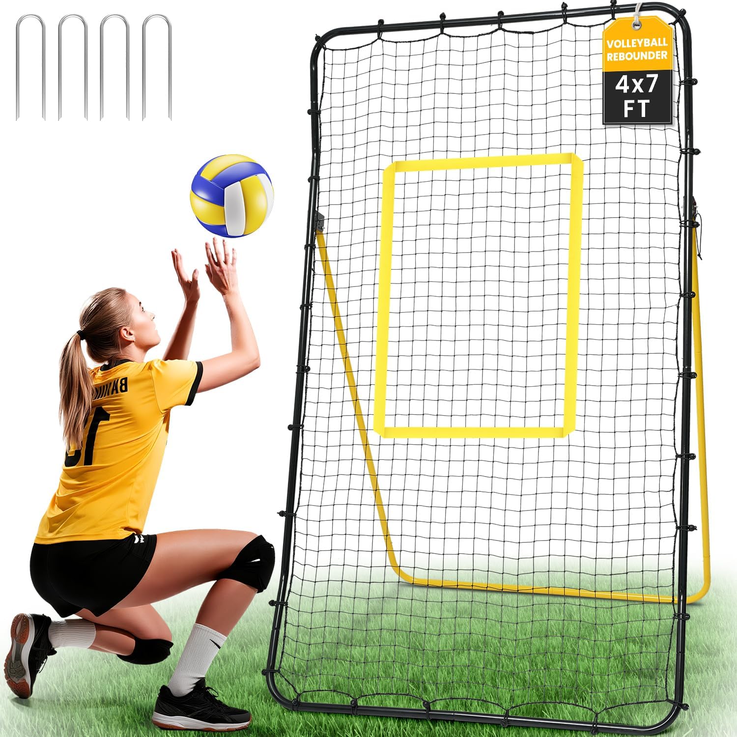 BAGAIL Volleyball Rebounder Net 7x4 Ft, Bounce Back Training Equipment with Adjustable Angles for Practicing Volleying, Bumping, Spiking, Easy Set Up & Sturdy Base for Multi Sports