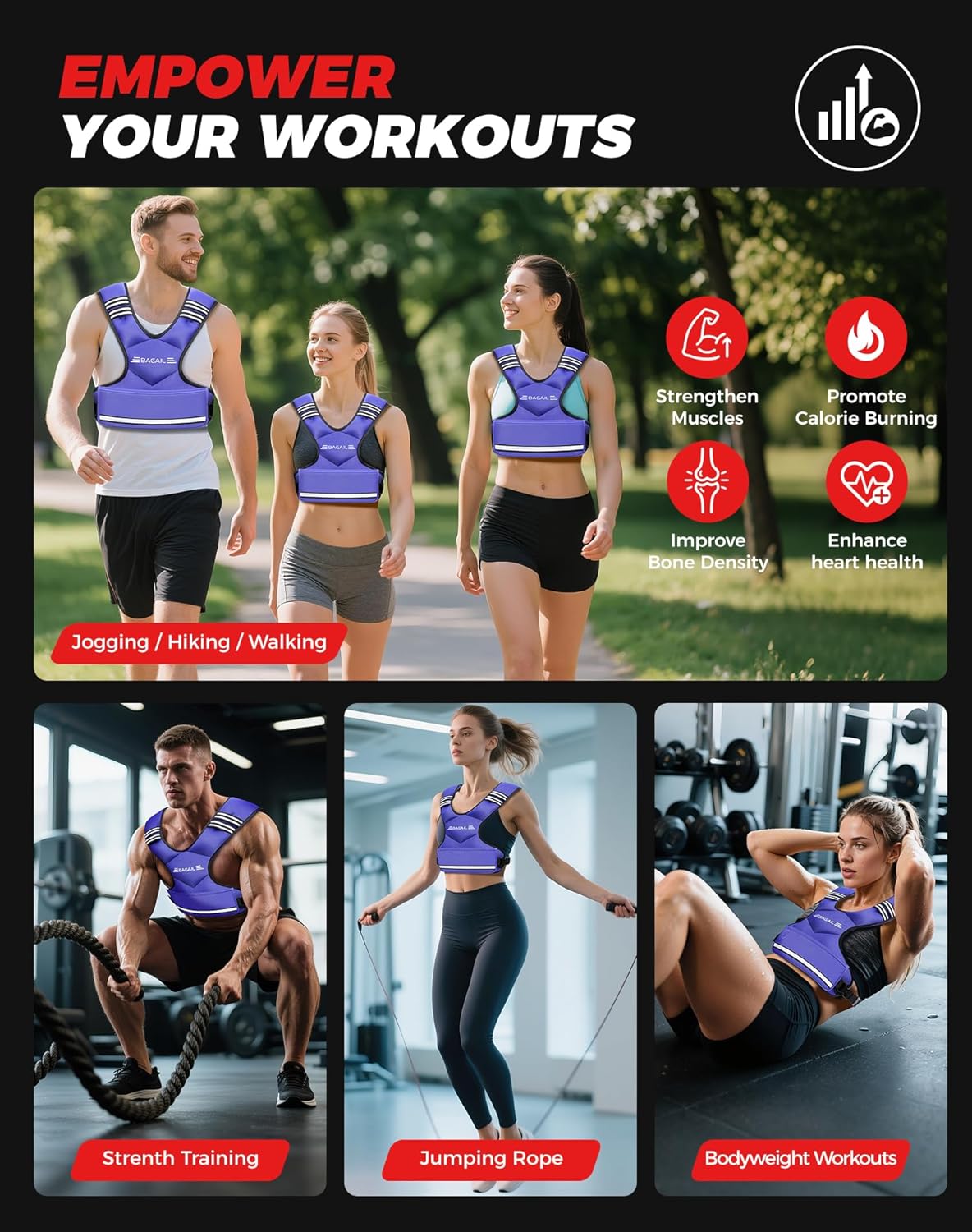 BAGAIL Adjustable Weighted Vest 4-10lb/12-18lb/20-32lb, Comfortable X-Shape & U-Neck Weight Vest for Women and Men Walking with 6 Removable Weights, Large Pocket and Reflective Strips