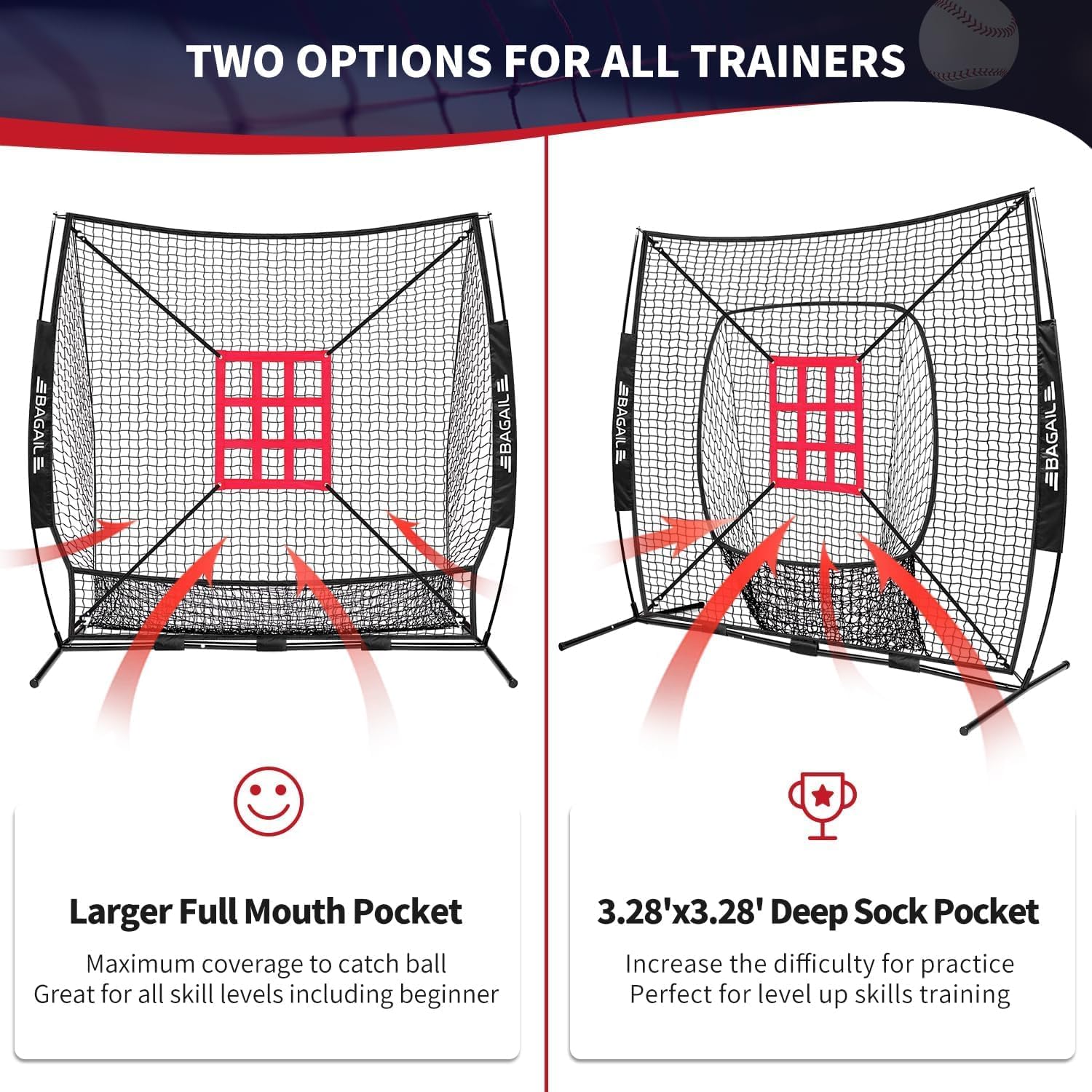 BAGAIL 7x7 ft Extra Large Baseball & Softball Training Net with Batting Tee, Heavy Duty Reinforced Steel Frame, Oversized Hitting Zone for All Levels, Portable Backstop with Carry Bag