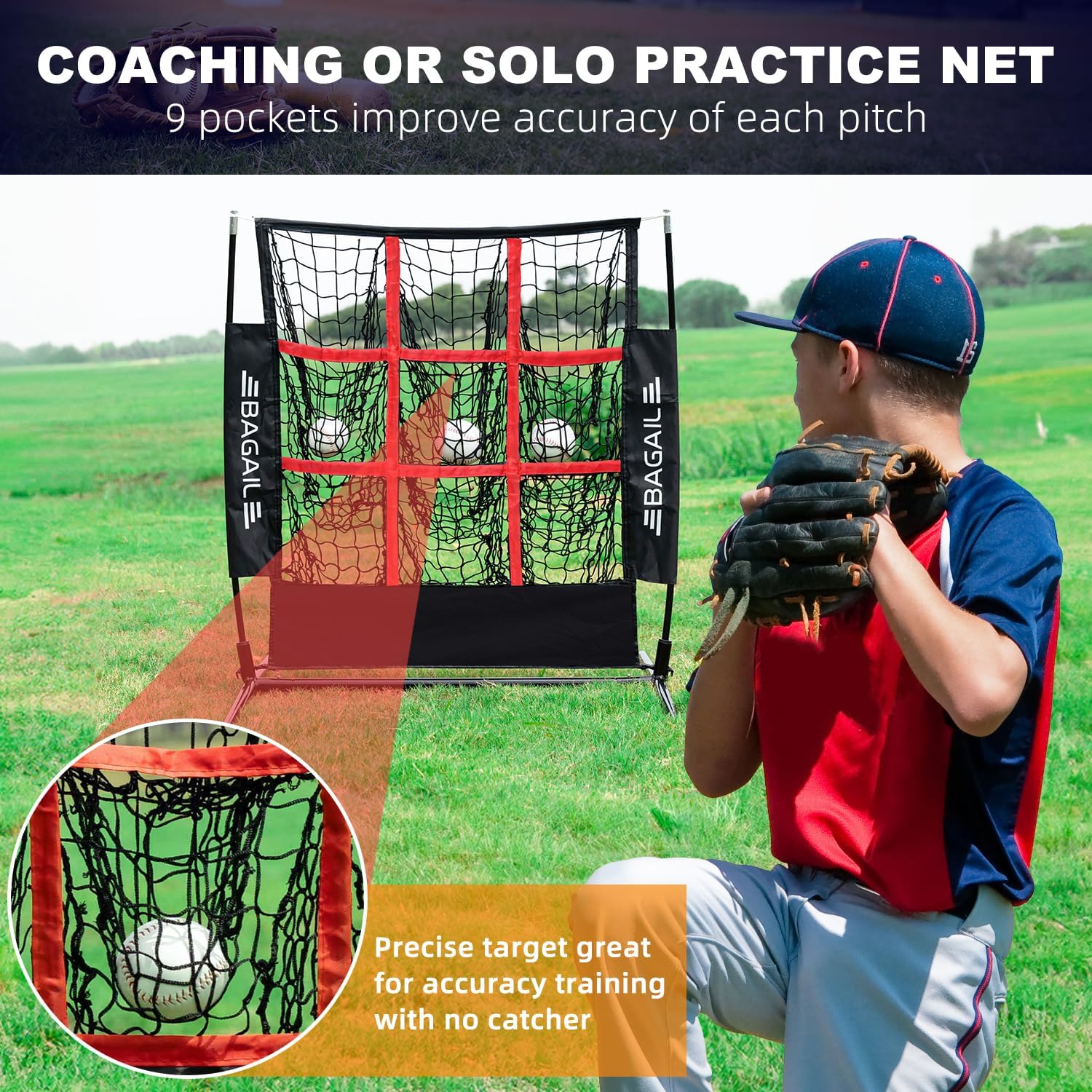 BAGAIL Baseball and Softball Pitching Net, 9 Pocket Pitching Net, Portable Pitching Target Net for Backyard with Carry Bag