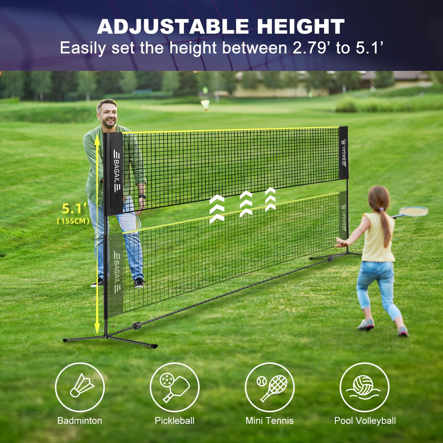 BAGAIL Badminton Net, Height Adjustable Kids Volleyball Net, Foldable Nylon Net 10 ft/14ft/17ft Wide, Tennis Net, Small Pickleball Net for Backyard Game and Indoor Outdoor Use, Easy Setup