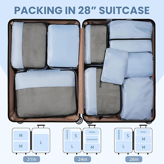 Half Mesh 8 Set Packing Cubes Luggage Packing Organizers for Travel Accessories