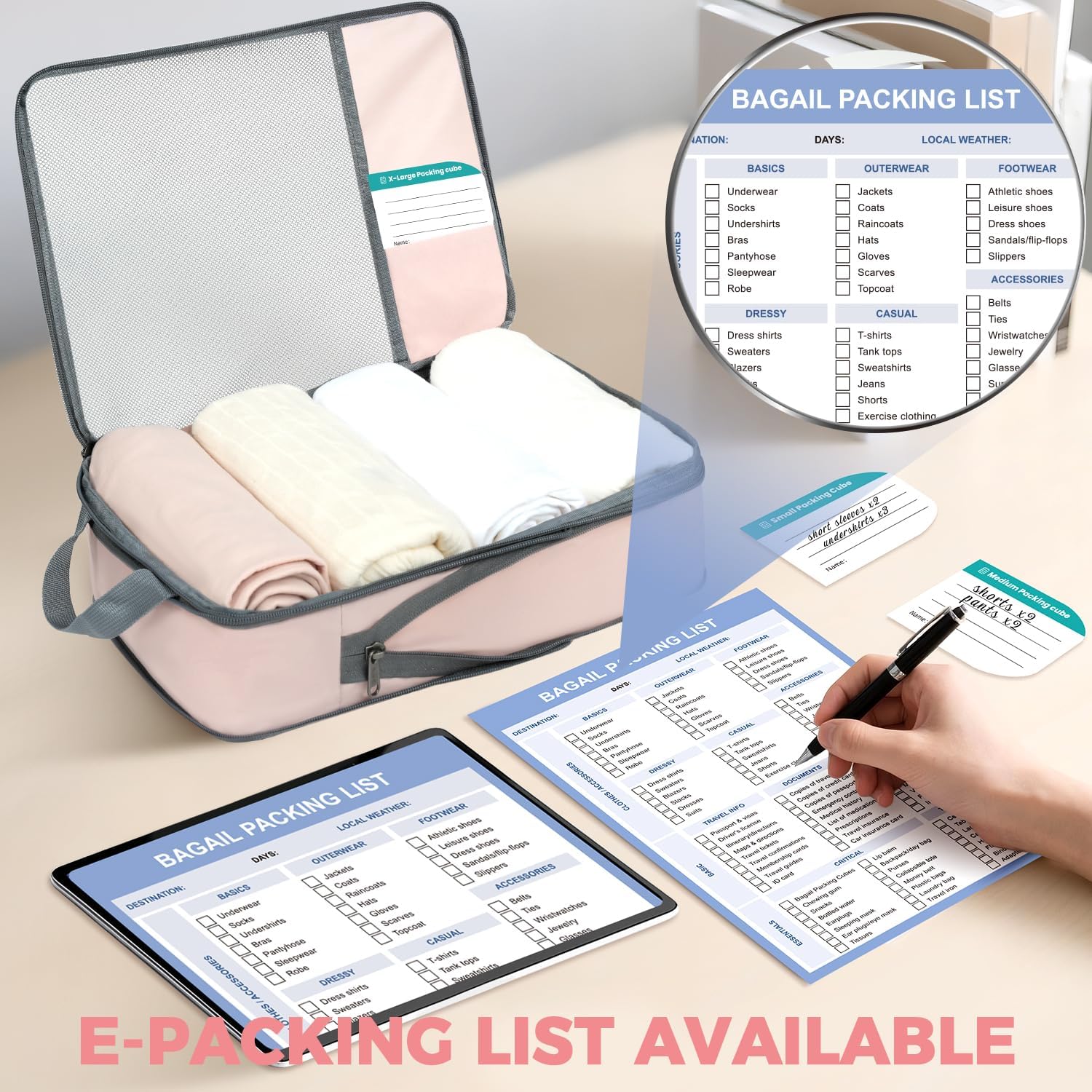 6 Set Label & Half Mesh Compression Packing Cubes with Packing List