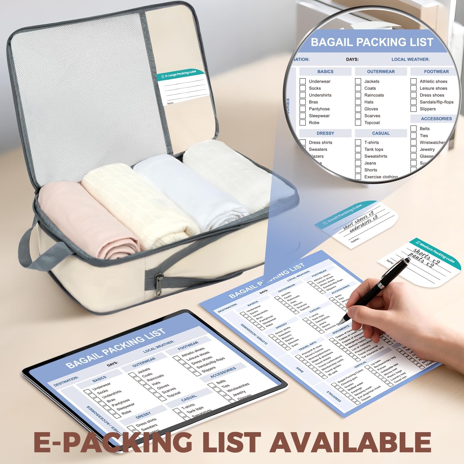 6pc Ultra-Light Compression Packing Cubes - Mesh Travel Organizers with Labels & Packing Checklist