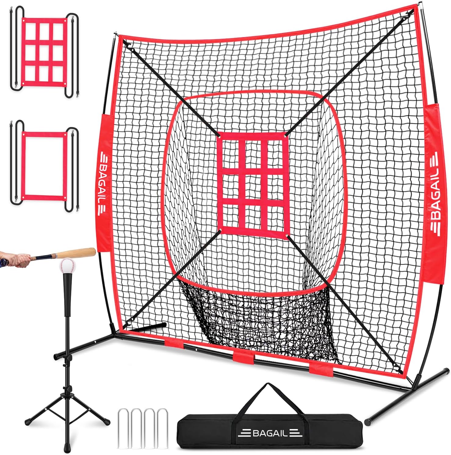 BAGAIL 7x7 ft Extra Large Baseball & Softball Training Net with Batting Tee, Heavy Duty Reinforced Steel Frame, Oversized Hitting Zone for All Levels, Portable Backstop with Carry Bag