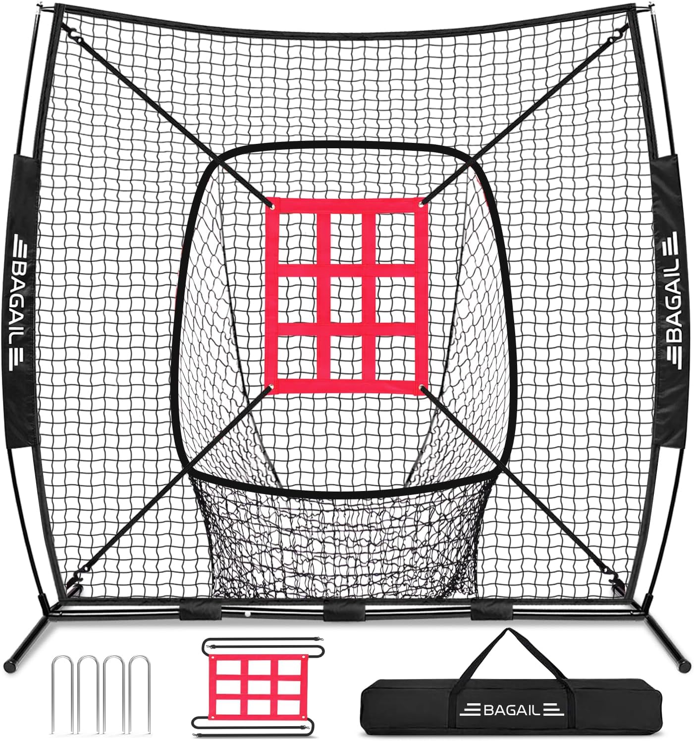 BAGAIL 7x7 ft Baseball & Softball Practice Net with Bow Frame for Batting, Hitting, Pitching, Portable Baseball Throwing Net with Strike Zone, Carry Bag, Baseball Training Aid for All Levels