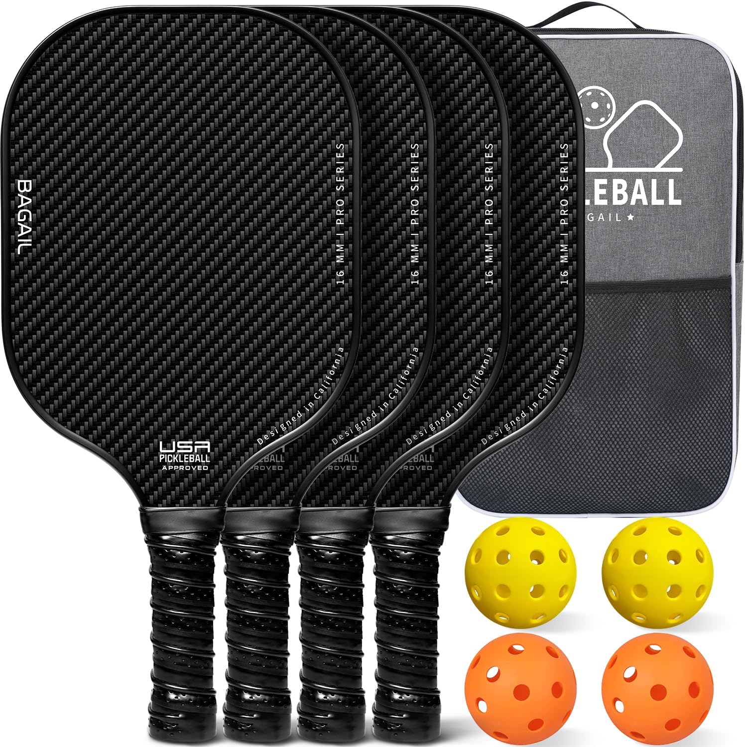 BAGAIL Pickleball Paddles, USAPA Approved Fiberglass Surface Pickleball Set, Lightweight Pickle Ball Rackets with 4 Balls, 1 Bag, Designed in California for Traction and Stability