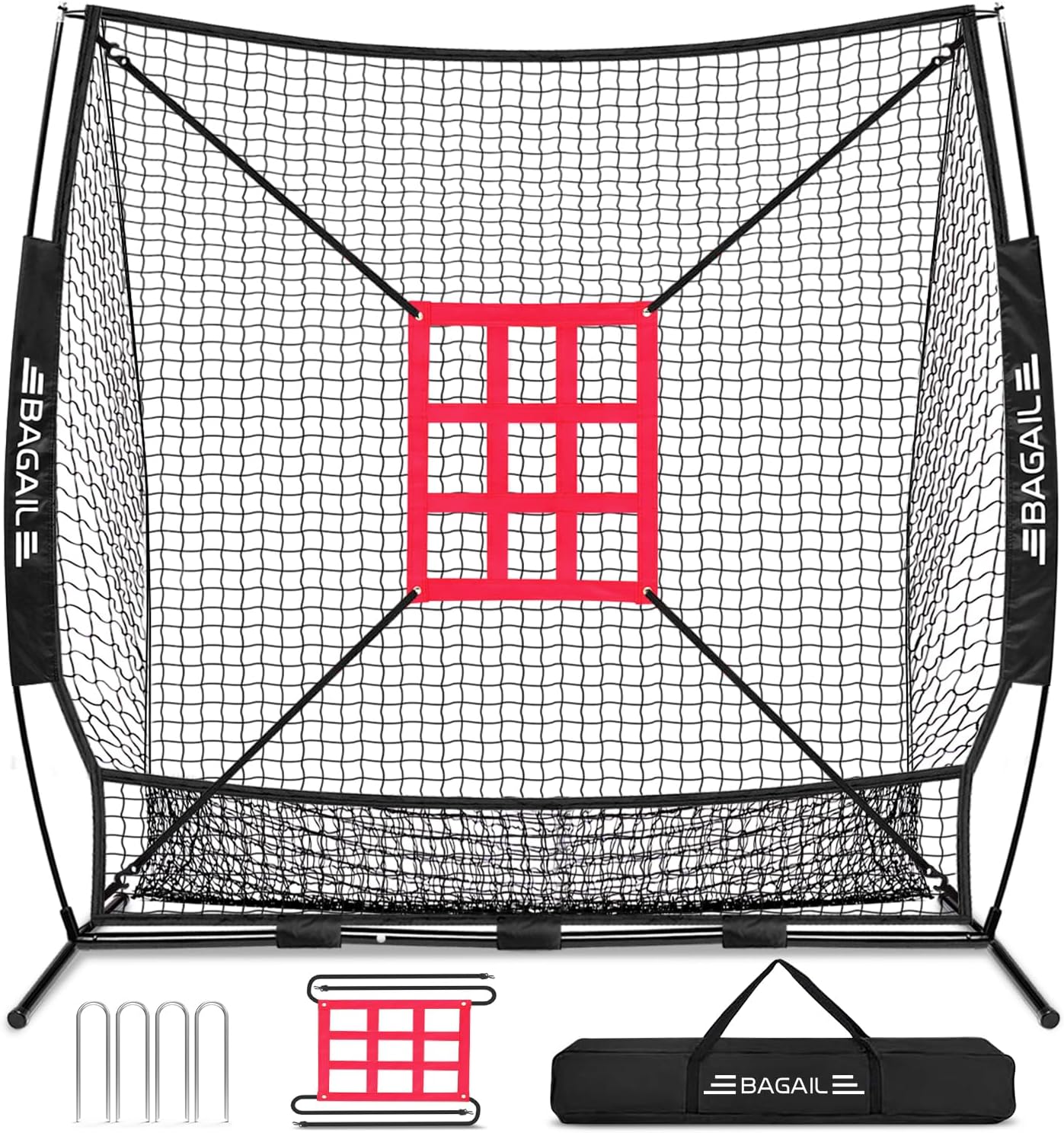 BAGAIL 7x7 ft Baseball & Softball Practice Net with Bow Frame for Batting, Hitting, Pitching, Portable Baseball Throwing Net with Strike Zone, Carry Bag, Baseball Training Aid for All Levels