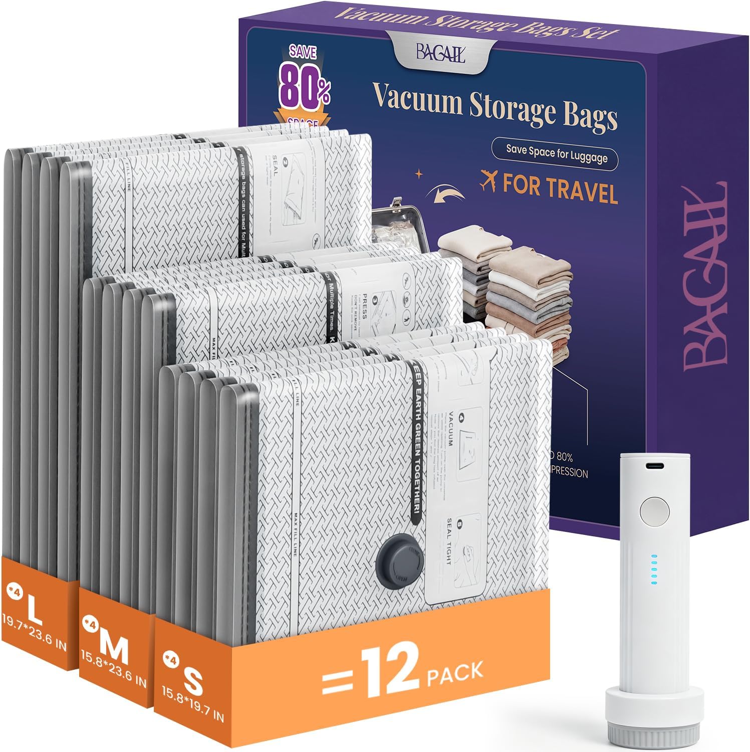 BAGAIL Vacuum Bags for Travel with Rechargeable Pump, Vacuum Storage Bags for Clothes 