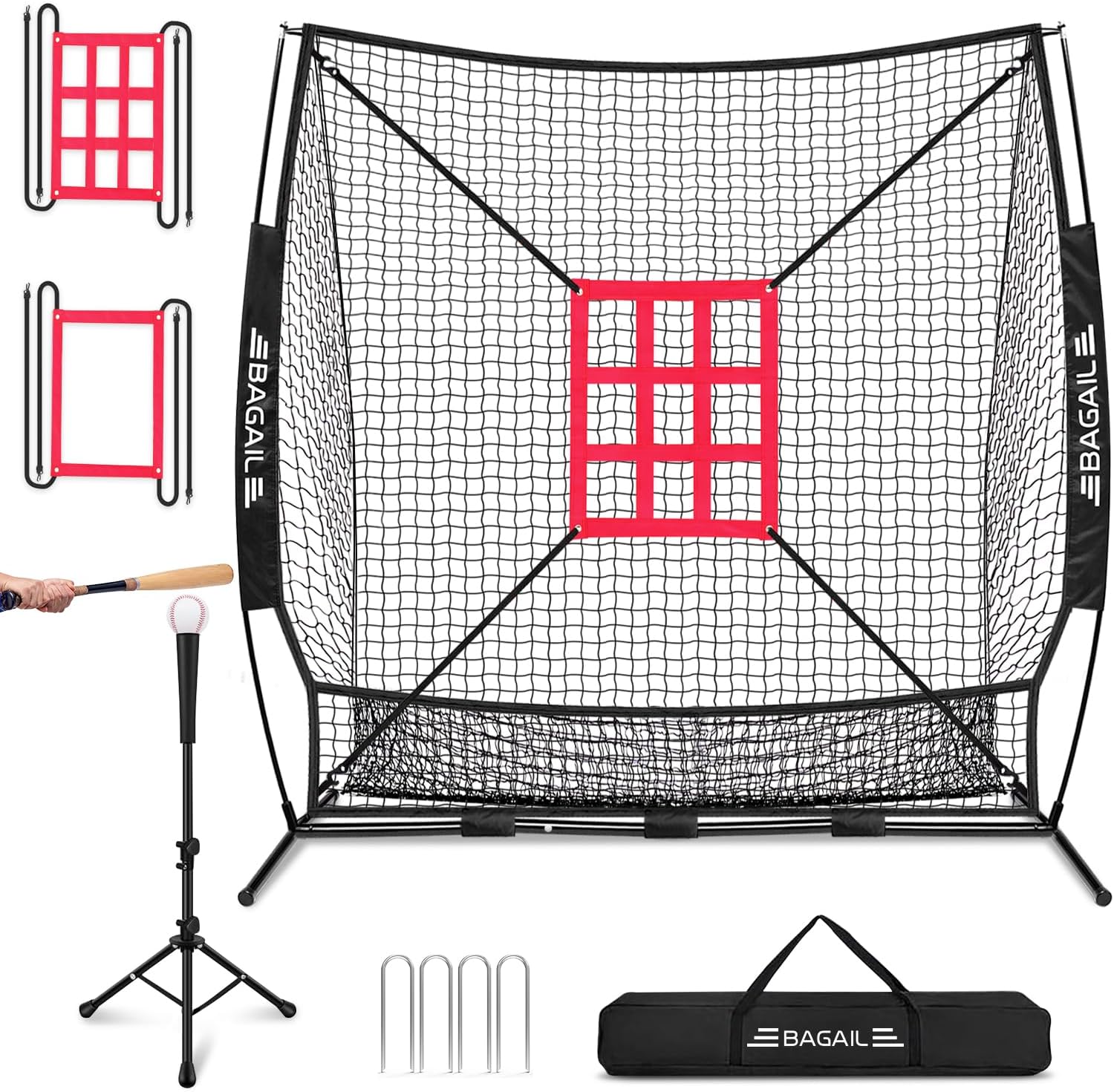 BAGAIL 7x7 ft Extra Large Baseball & Softball Training Net with Batting Tee, Heavy Duty Reinforced Steel Frame, Oversized Hitting Zone for All Levels, Portable Backstop with Carry Bag